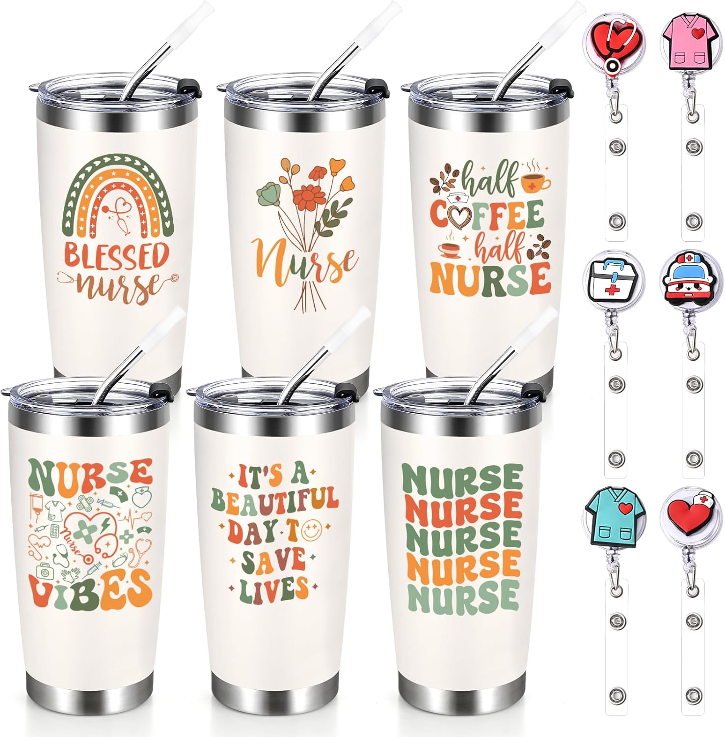 Qtencas Nurses Week Gifts Bulk 2026, Nurse Gifts Bulk, 6 Pcs Nurse Appreciation Gift Set for Women Men, 20 Oz Insulated Tumblers with Badge Clips, Nurses Graduation Gift for Nursing Student
