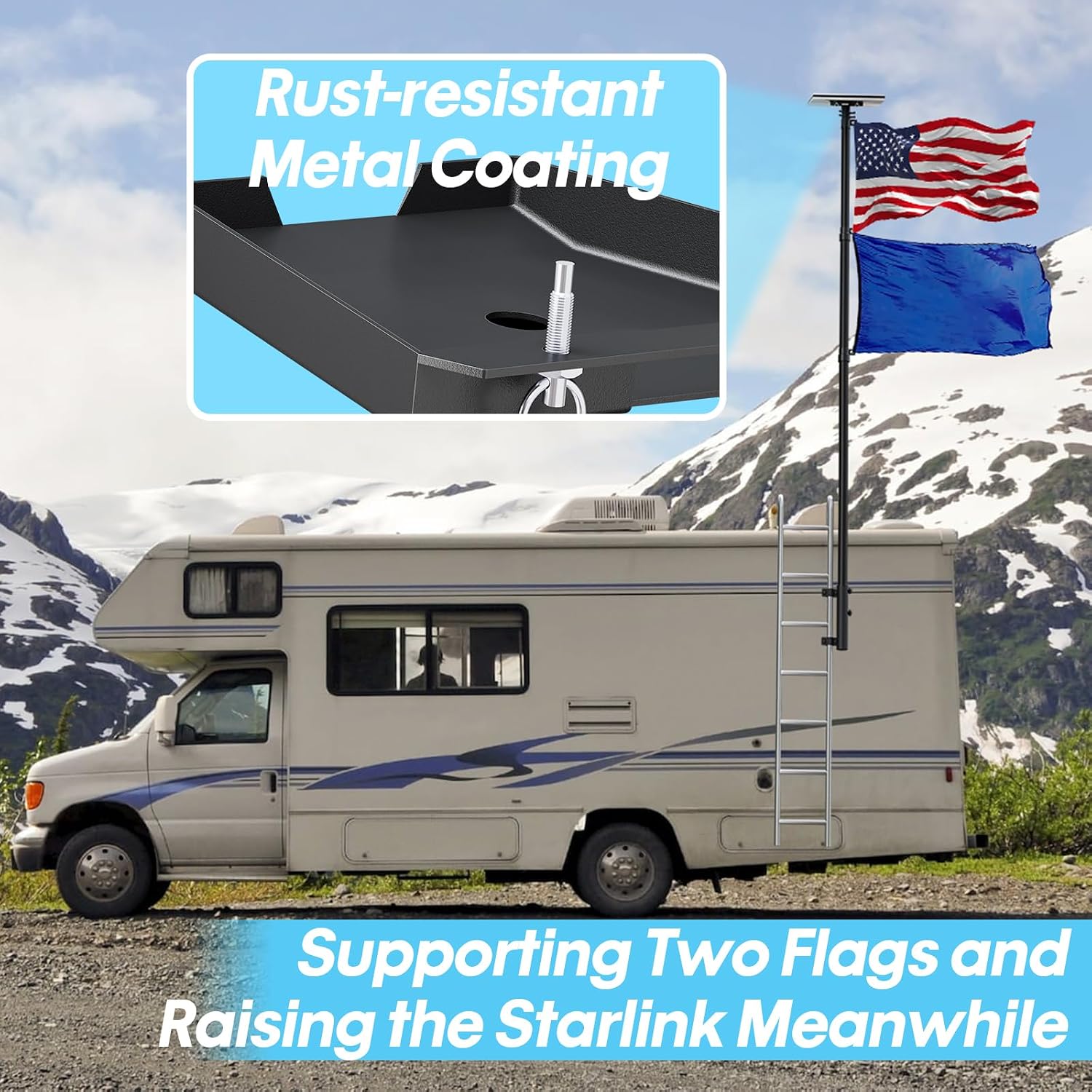 RV Flag Pole with Holder,Starlink Gen 3 RV Ladder Pole Mount Kit,RV Ladder Mount,Heavy Duty Flagpole Stand Holder,Two Flag RV Ladder Flag Pole Kit.