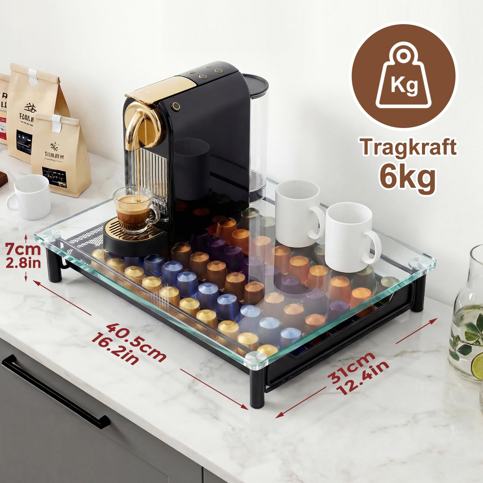 Zvonema Support de capsules Nespresso transparent pour 60 capsules de café, rangement en verre et métal, design extensible, robuste