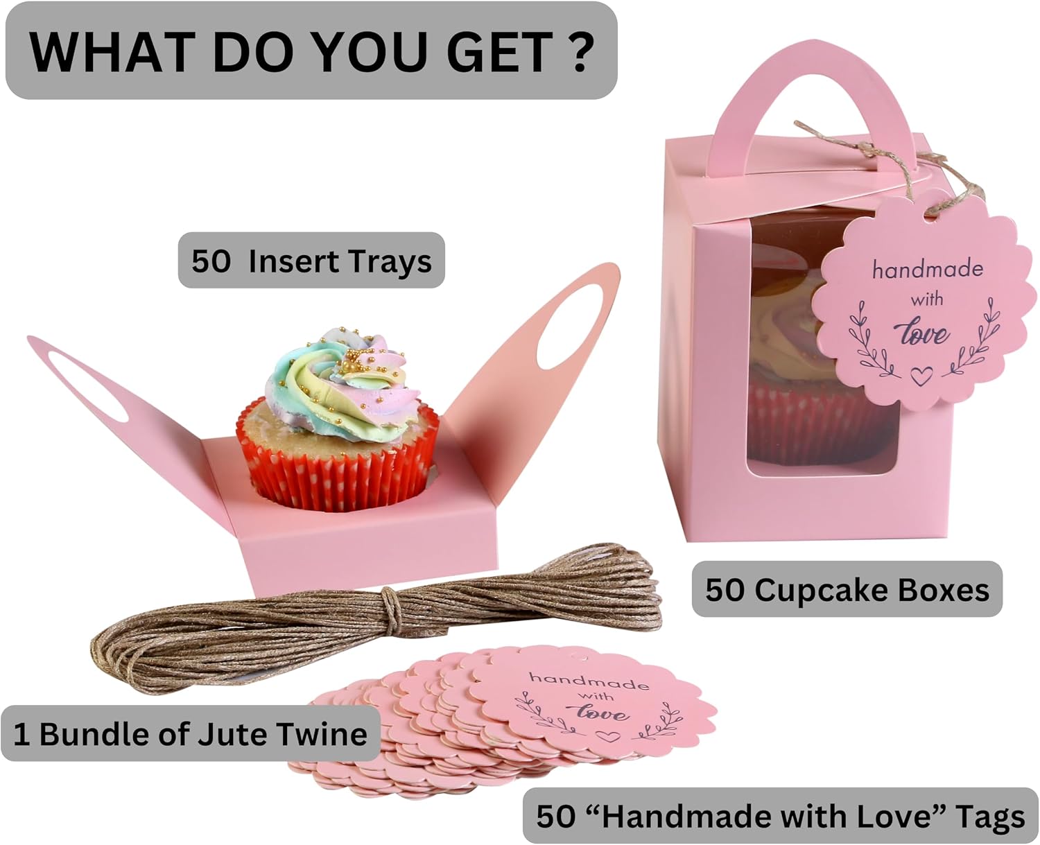 50pcs Individual Cupcake Boxes, Single Cupcake Containers, Cupcake Carriers with Handle, Clear Window, Insert Trays, Tags and Jute twine (Pink)