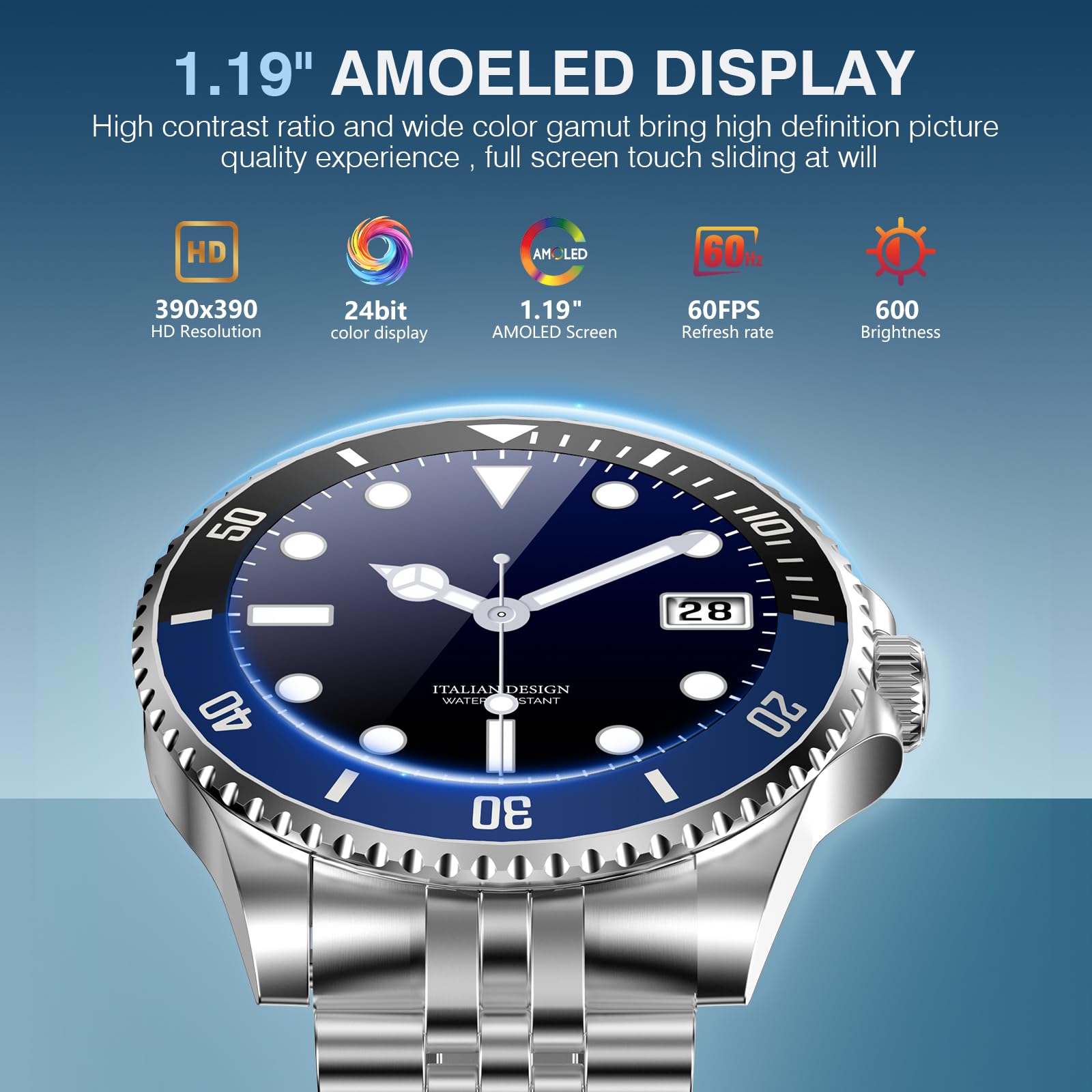 AI Smartwatch Herren, 1,19'' AMOLED Smart Watch mit Bluetooth Anrufe, 107 Sportmodi Fitnessuhr mit Herzfrequenz Schlafüberwachung Schrittzähler, IP67 Wasserdicht Runde Uhr für iOS Android Silber