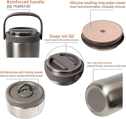 Miniatura 3 de Termo de almuerzo para adultos para comida caliente con insertos apilable, caja Bento de acero inoxidable aislado al vacío (60 onzas color acero)