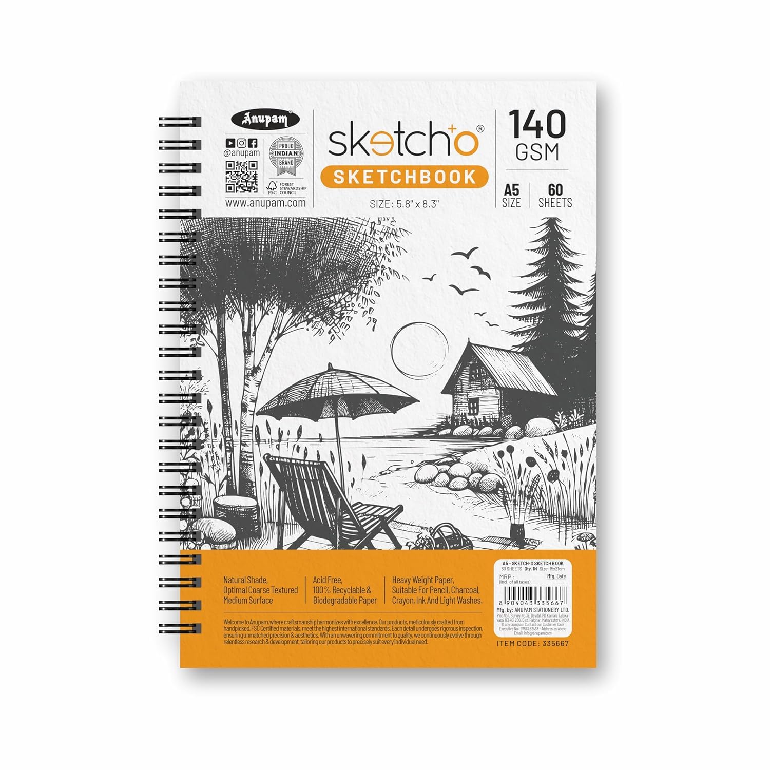 Anupam Sketch-O Sketchbook A5 | 50 Sheets 100 Pages | 140GSM | Durable Acid Free Drawing Paper |Side Spiral-Bound Sketchpad for Artists Kids & Professionals for Marker Colored Pencil Charcoal