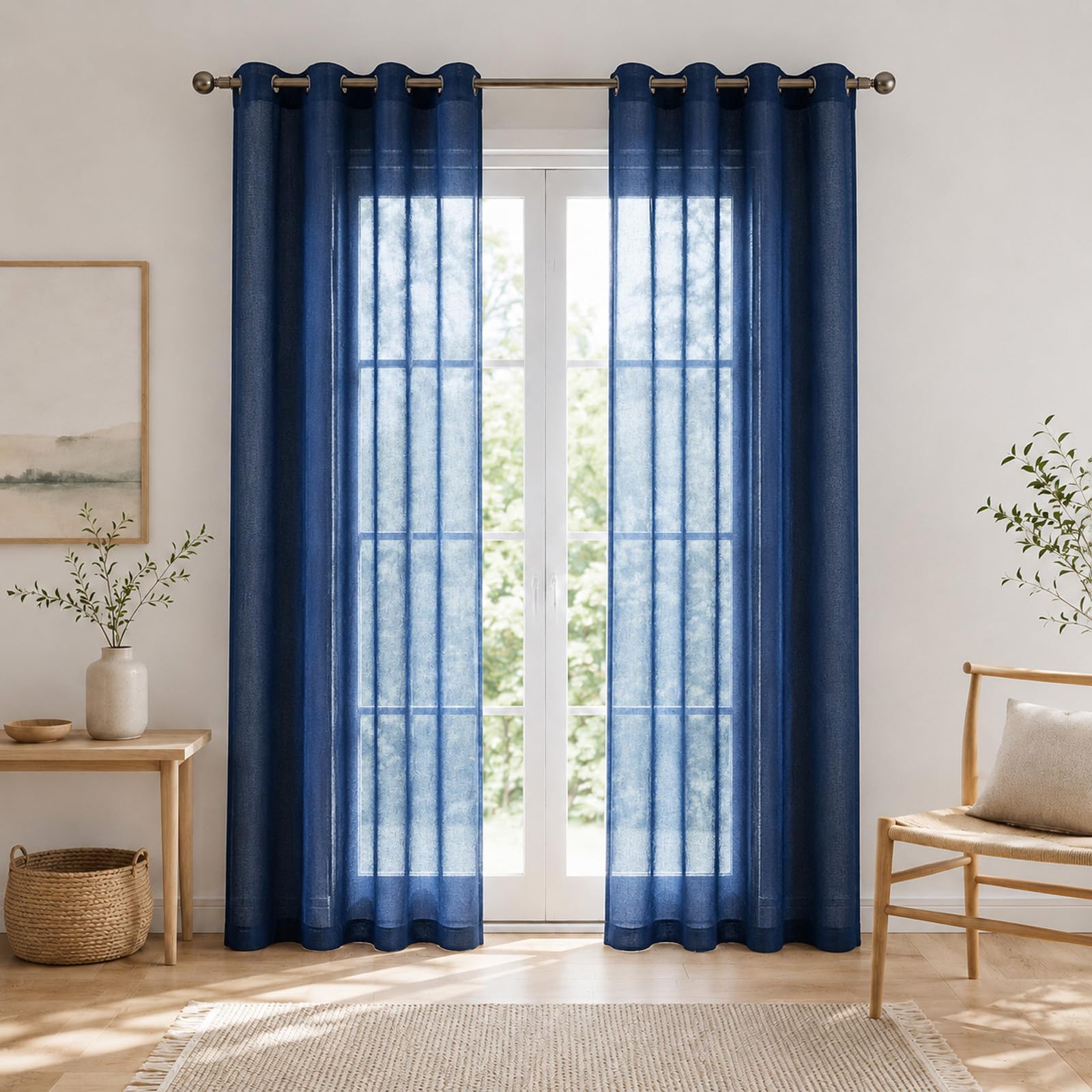 SSWH Voile Curtains Semi Sheer Net Curtains for Windows, Solid Color Light Filtering Eyelet Panels for Living Room Bedroom Kitcken(Size:132x213cm/W 52" x L 84" (2 Panels),Color:Navy Blue)