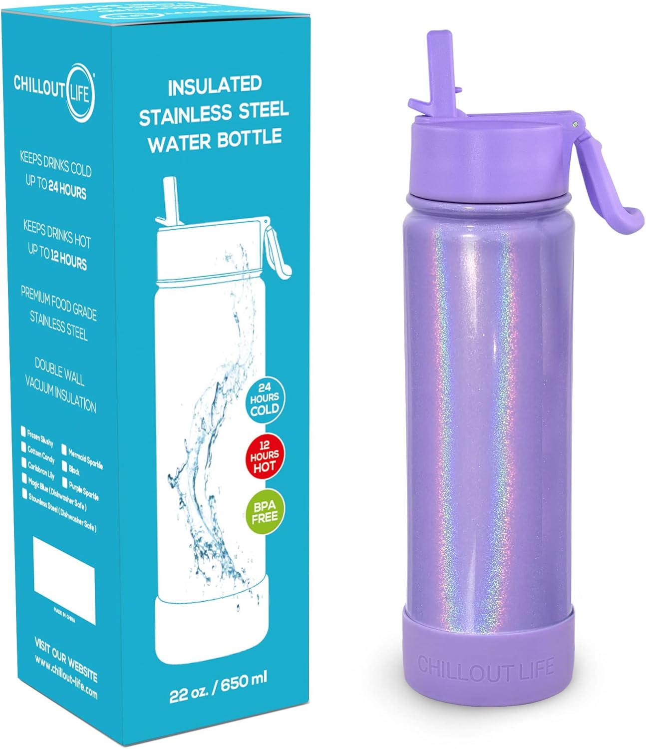 CHILLOUT LIFE 22 oz Kids Insulated Water Bottle for School with Straw Lid Leakproof and Cute Waterproof Stickers, Personalized Stainless Steel Thermos Flask Metal Water Bottle, Purple Sparkle - Image 2