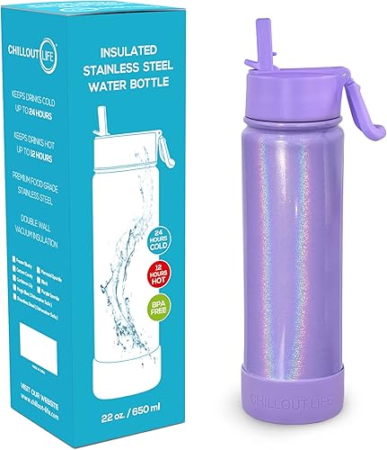Miniatura 2 de CHILLOUT LIFE Botella de agua aislada con tapa con popote para niños y adultos + 20 divertidas calcomanías impermeables, perfecta para personalizar