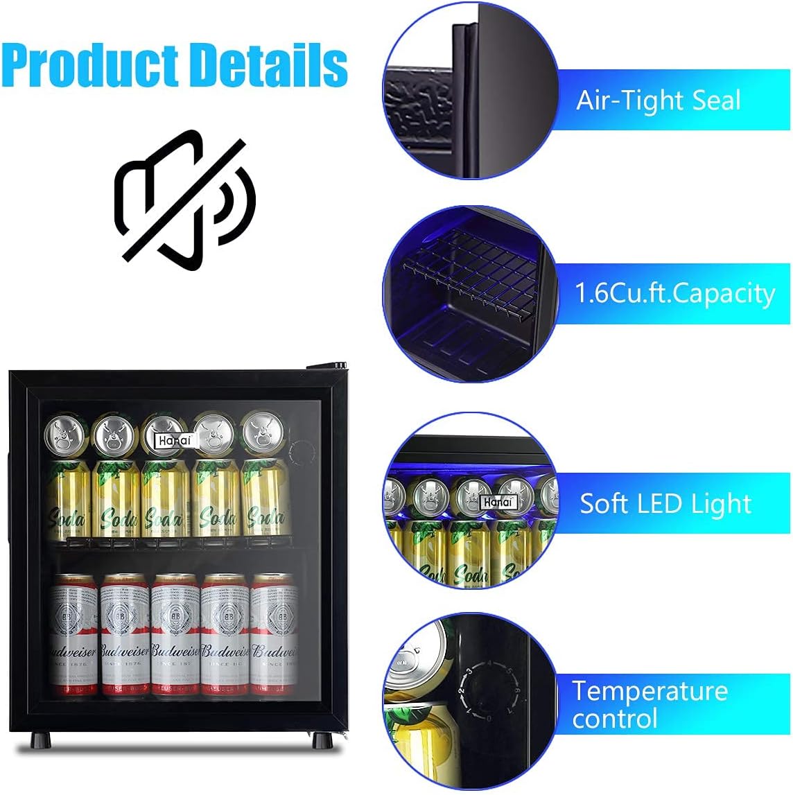 Beverage Refrigerator Cooler 60 Can Mini Fridge Glass Door for Beer Drinks Wines Juice, Adjustable Shelves Blue LED Lights and User Friendly Temperature Knob for Home Office Dorm Bar 1.6 Cu. Ft