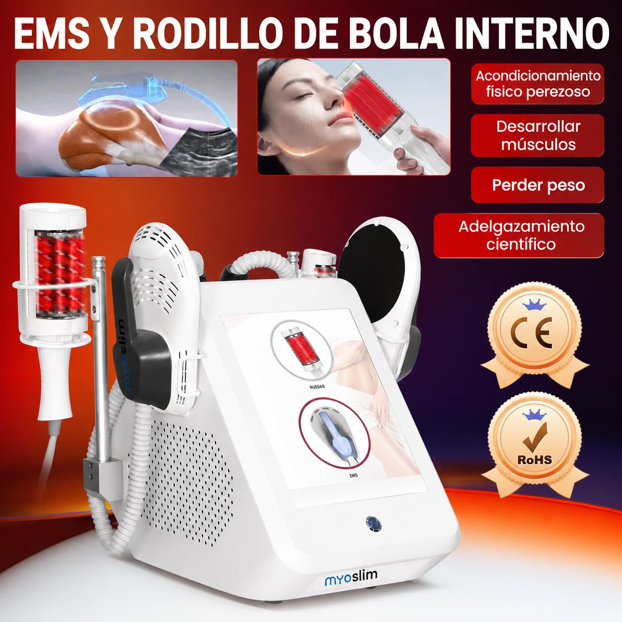 Myoslim EMS+ Rolka Kulki Wewnętrzne Modelowanie ciała 6500W | Częstotliwość 200 Hz, obrót 360°, Tonowanie mięśni, redukcja tłuszczu, certyfikat CE i RoHS