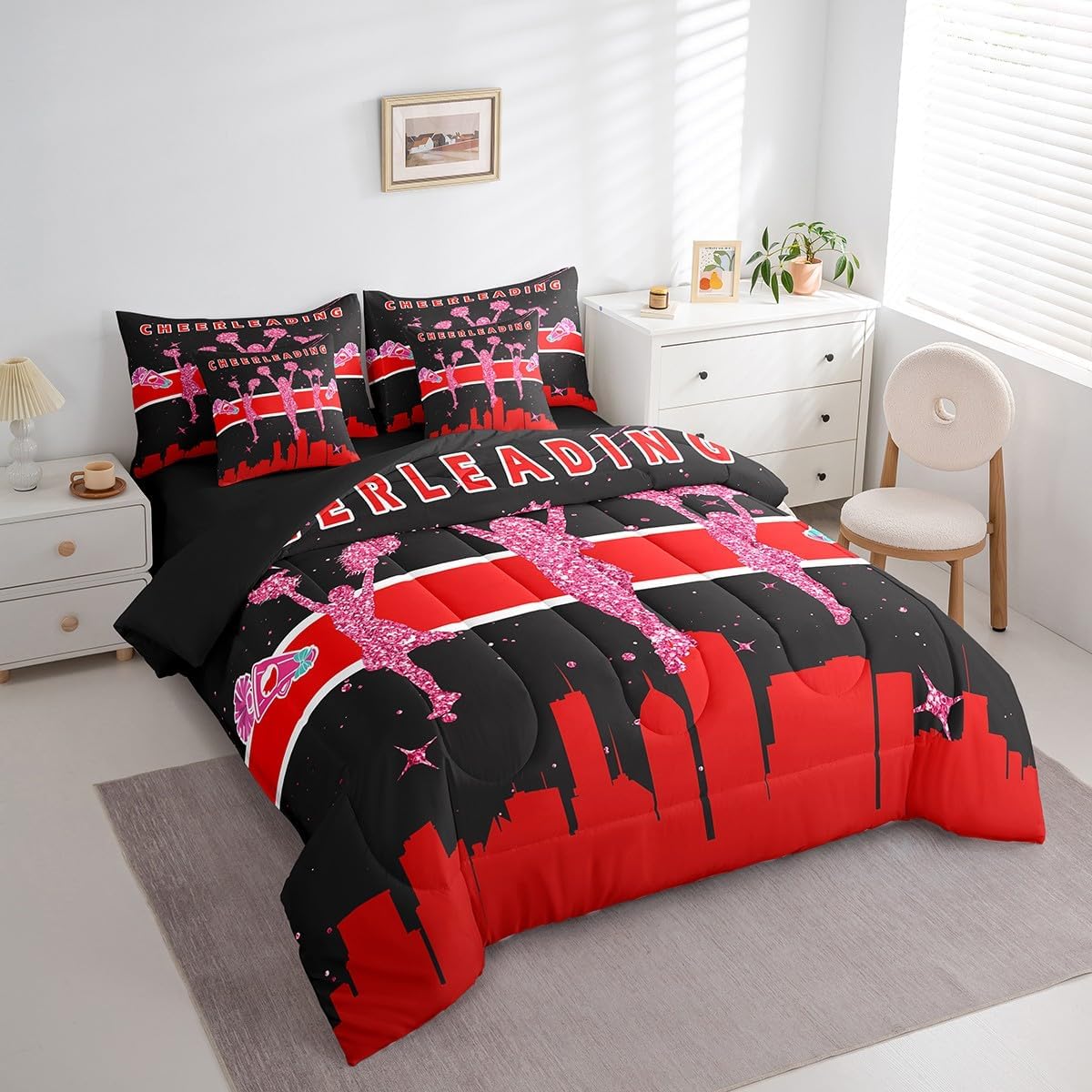 Teen Girls Queen Comforter Set 7 Pieces Cheerleader Bedding Comforter Sets, Glitter Stars Bed in a Bag Pink Cheerleader Bedding Set, Black Red Bed Sheets Set Girly Sequins Print Decor Lightweight