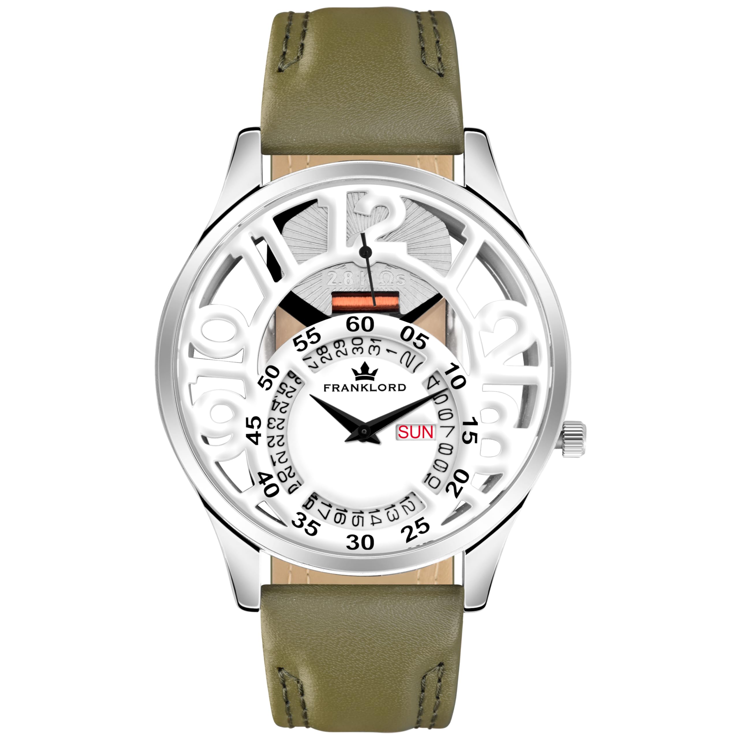 Franklord Skeleto Anatomy Side Second Watch | White Dial & Green Leather Strap | Premium Analog Watch with Day & Date Function for Men | Elegant Timepiece with Round Dial & Premium Leather Strap (B0CTX571ZS) Amazon Price History, Amazon Price Tracker