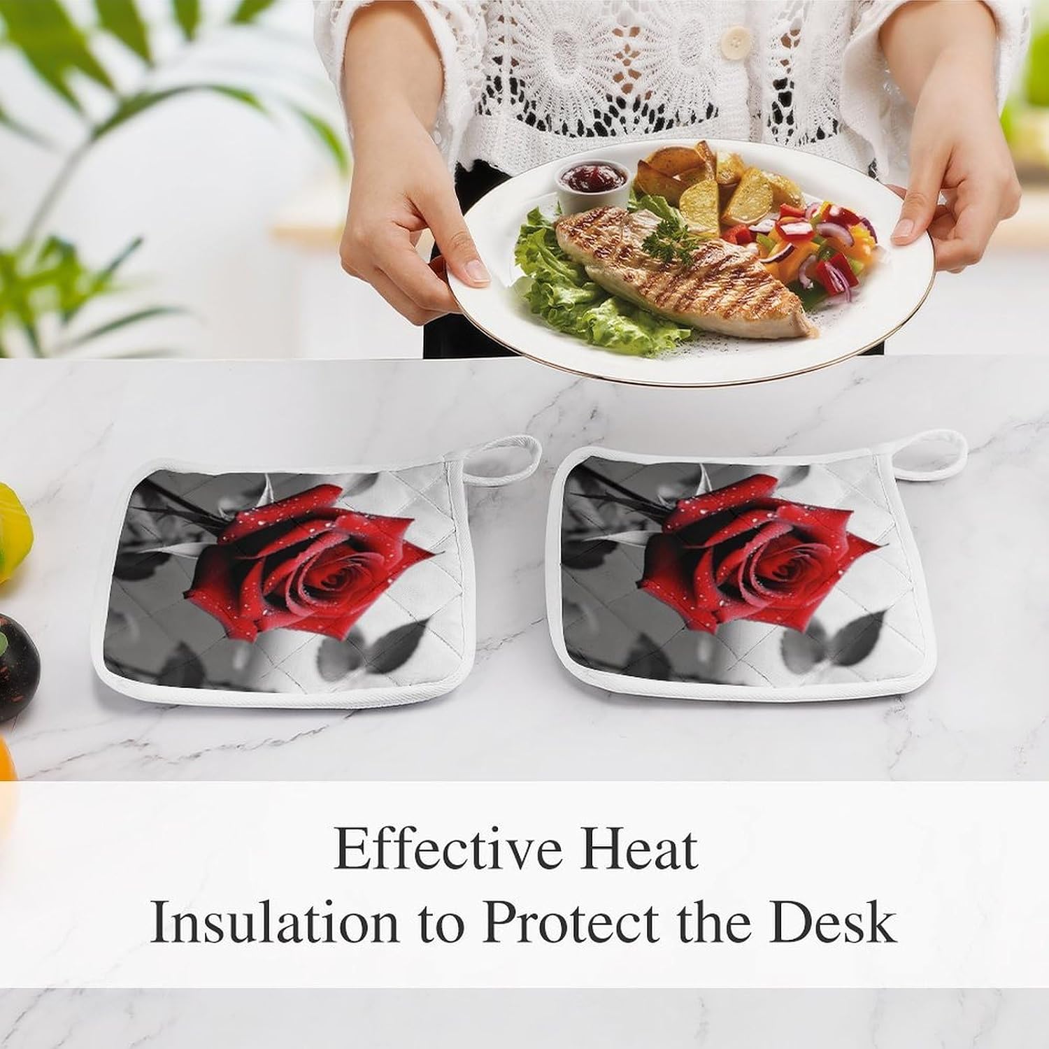 Black And White Red Rose Polyester Heat Resistant Pot Pad Non Slip Anti Scald Hot Dish Mat Reusable Table Protector for Kitchen Hot Pot Mat Wear Resistant Heat Proof Table Pad for Countertop Dining Ro