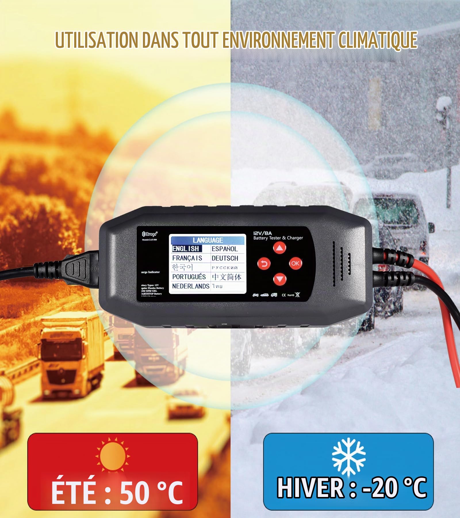 Etrogo Chargeur-Testeur de Batterie 2-en-1 Intelligent 12V | Universel AGM/EFB/LiFePO4 + Désulfatation • -20°C à 50°C pour Voitures, Camions, Bateaux