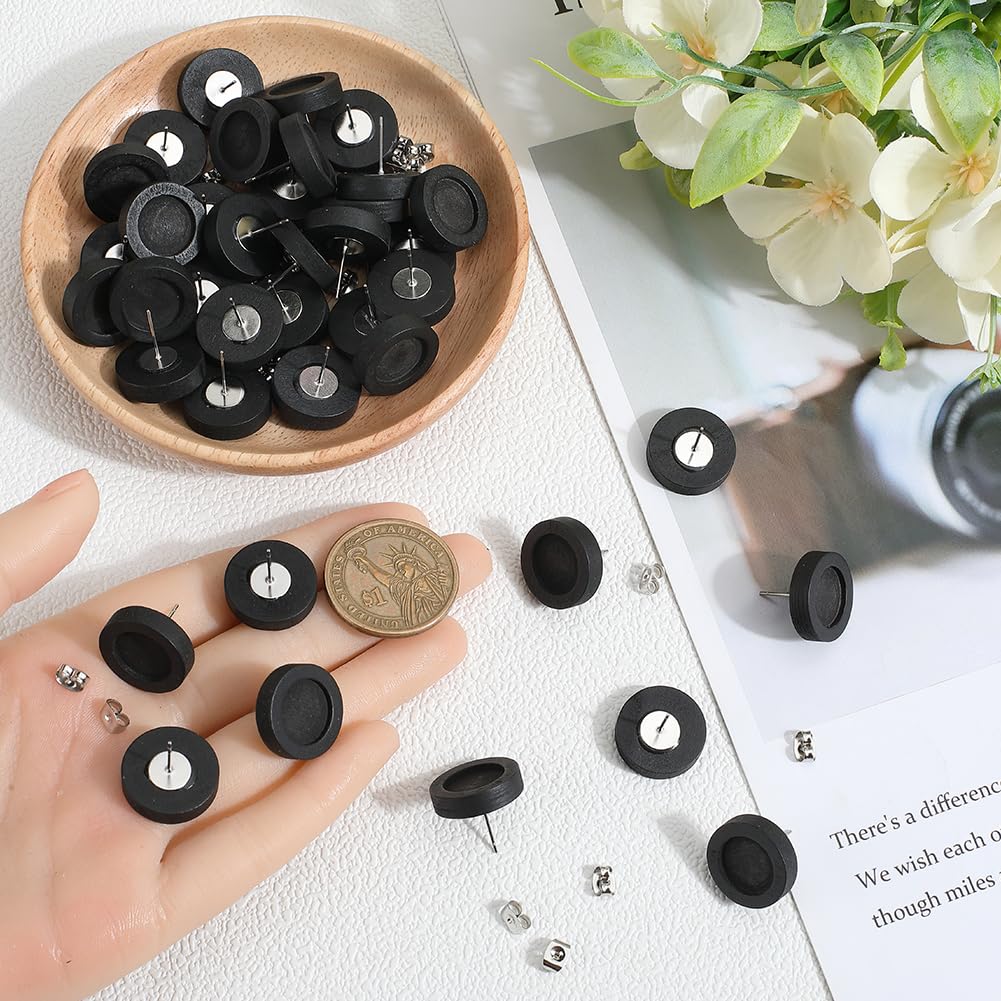 SUNNYCLUE 40Pcs 12mm Small Wooden Earring Posts Wood Bezel Earring Blanks with Stainless Steel Pins Black Flat Round Trays Cabochon Bezel Stud Earring Findings for Jewellery Making Earrings DIY Craft - Image 4