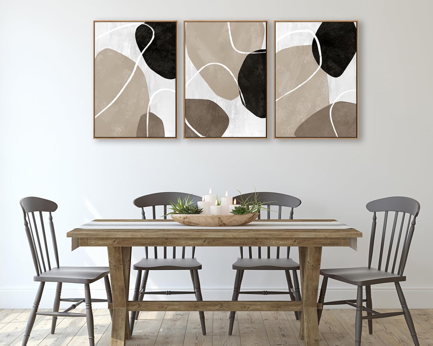 Minimalist Abstract Boho Wall Art - Natural Framed Abstract Canvas Picture Stone Painting Rock Line Artwork Modern Geometric Canvas Prints for Home Wall Decor 24 x 36 * 3 Tan Brown Grey Black