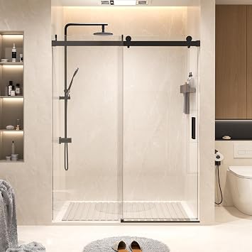 Shower Door 5660 in W 76 in H, 3/8" SGCC Tempered Heavy-Duty Glass, Soft-Close with Buffer, Frameless Sliding Design, Reversible Installation, Matte Black Shower Door for Modern Bathroom
