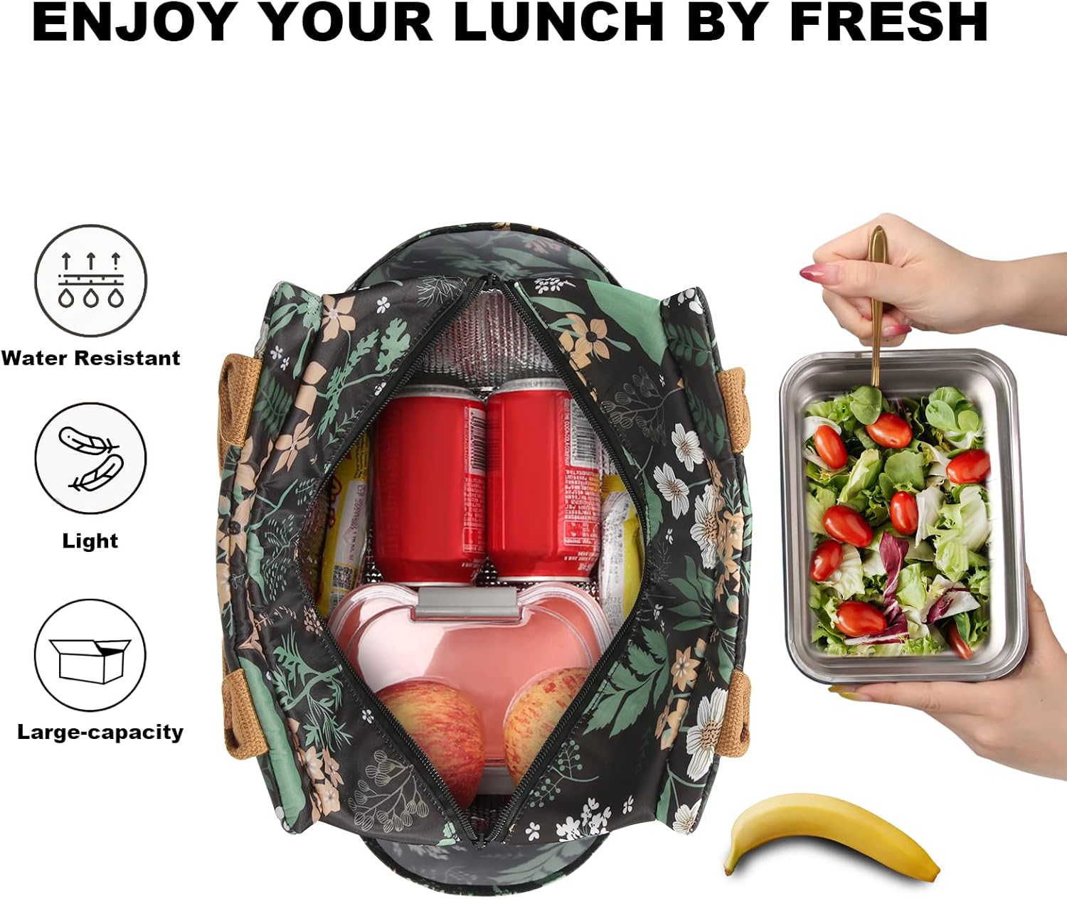 Joymee Lunch Bag - Green Leaf, Women's Insulated Reusable Durable Leakproof Large Spacious Cooler Tote for Office, Picnic, Camping - Image 3