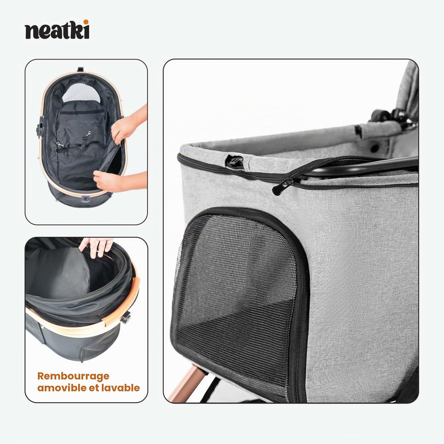 Poussette pliable pour chiens et chats | Capacité de 15 kg | Roues avant pivotantes à 360° | Pliage en un clic | Clips de laisse/sécurité | rembourrage lavable (Gris)