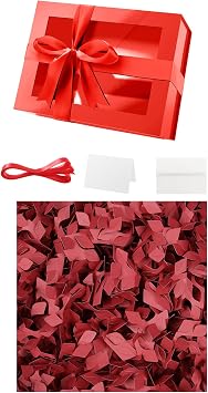 PACKQUEEN Red Gift Box with Window, 9x6.5x3.8 Inches, Clear Gift Box for Present Contains Ribbon,1LB Crinkle Cut Paper Shred Filler