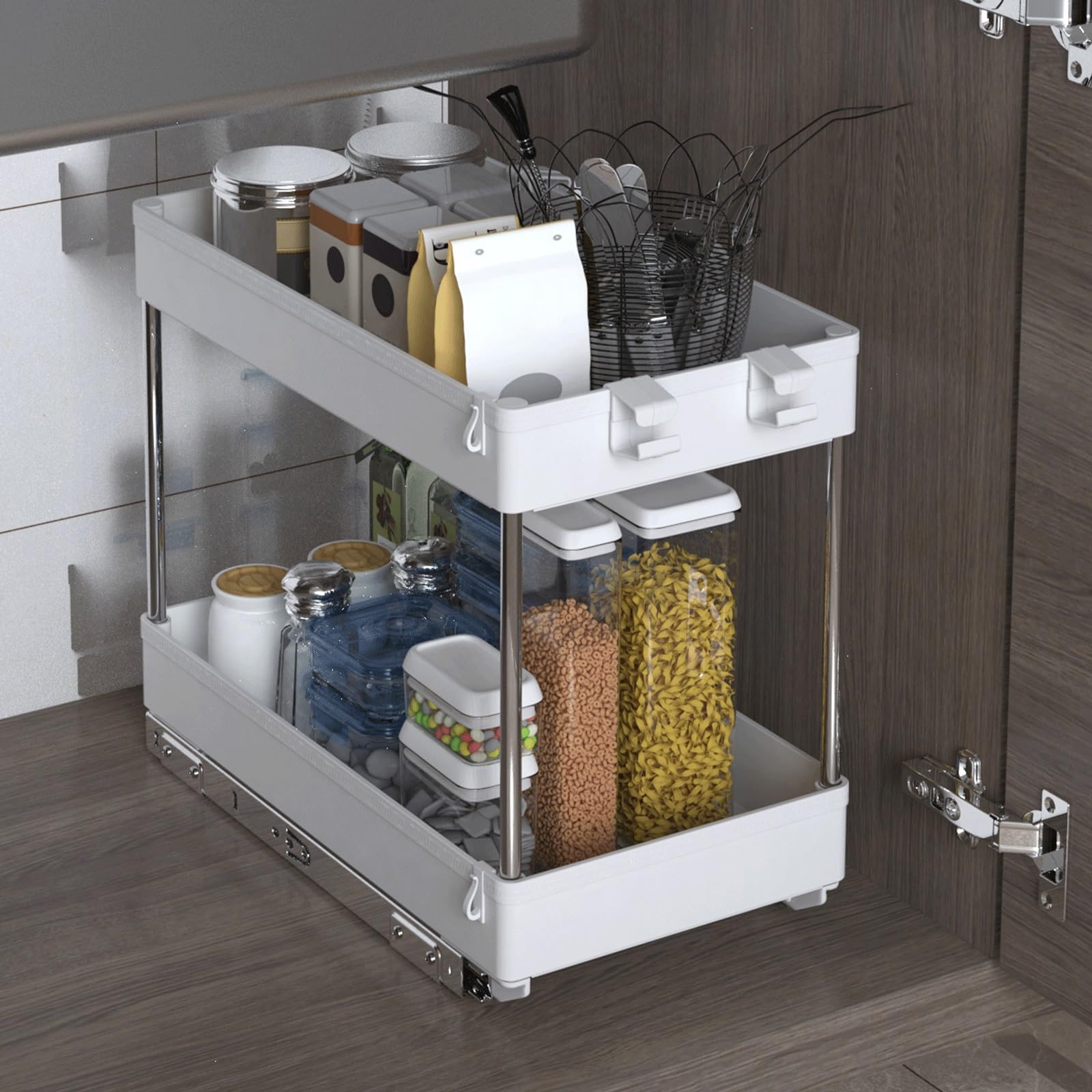 Estante para fregadero de cocina, organizador para debajo del fregadero, cesta con riel deslizante, estante de almacenamiento de metal blanco, ideal para encimera, despensa, escritorio, organizador