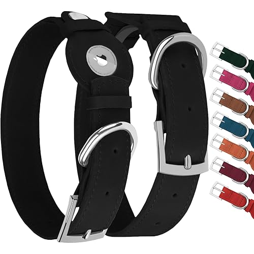 Leather Dog Collar with Airtag Holder - Apple Air Tag Dog Collars - Soft Tracking GPS Pet Collar for Small Medium Large Dogs Breed Puppy (Black, S, 9"-12" Neck Fit)