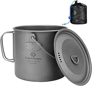 COOK'N'ESCAPE Titanium Camping Cooking Pot, Camping Cookware Set with Folding Handle,Compact Frying Pan Open Over Fire Cooking for Outdoor Backpacking Hiking Picnic