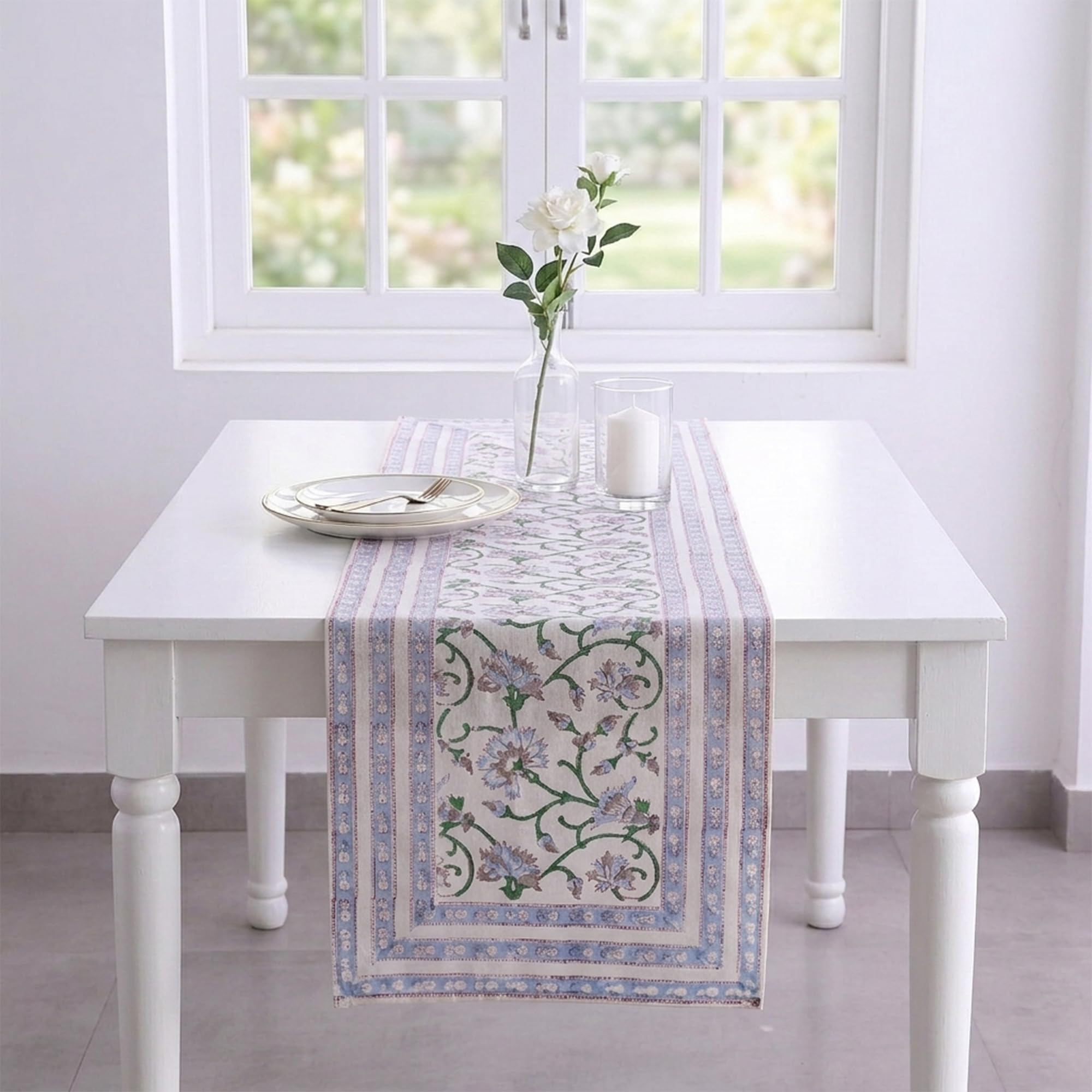 Hand Block Printed Cotton Table Runner - Floral Design -15