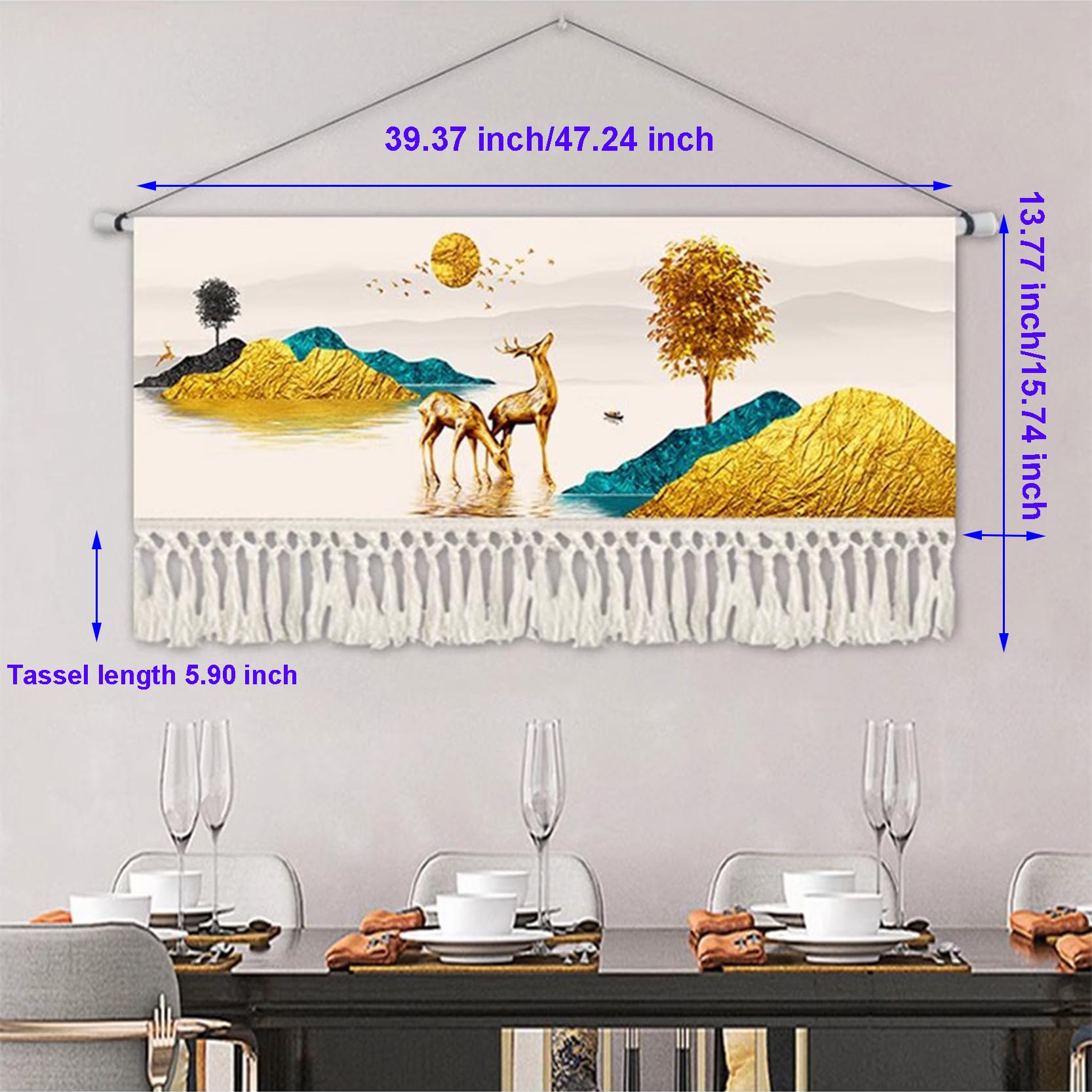 Tapiz Grande para Colgar en la Pared de macramé,Estilo nórdico,NO Hanging Rod,Tapiz de Pared con borlas de cordón de algodón, Pancarta Moderna de Lino y algodón decoración,G-120x40cm