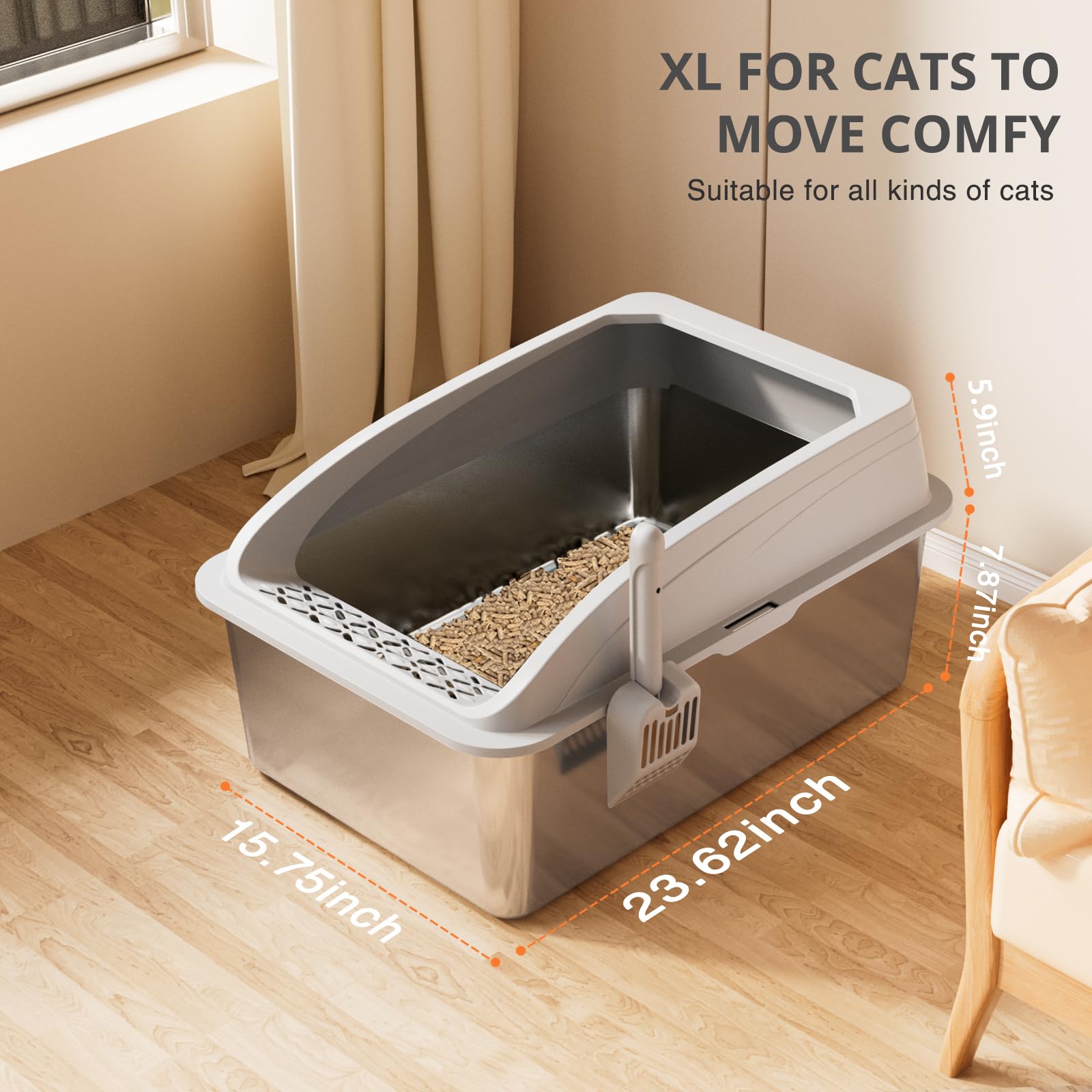 APPKER 23.6"x15.7"x13.78" Stainless Steel Sifting Litter Box with Lid, XL Sifting Design for Pine Pellets, High Sides Metal Litter Box for Big Cats 7.9in Deep, Easy-to-Clean, Non-Stick - image 6