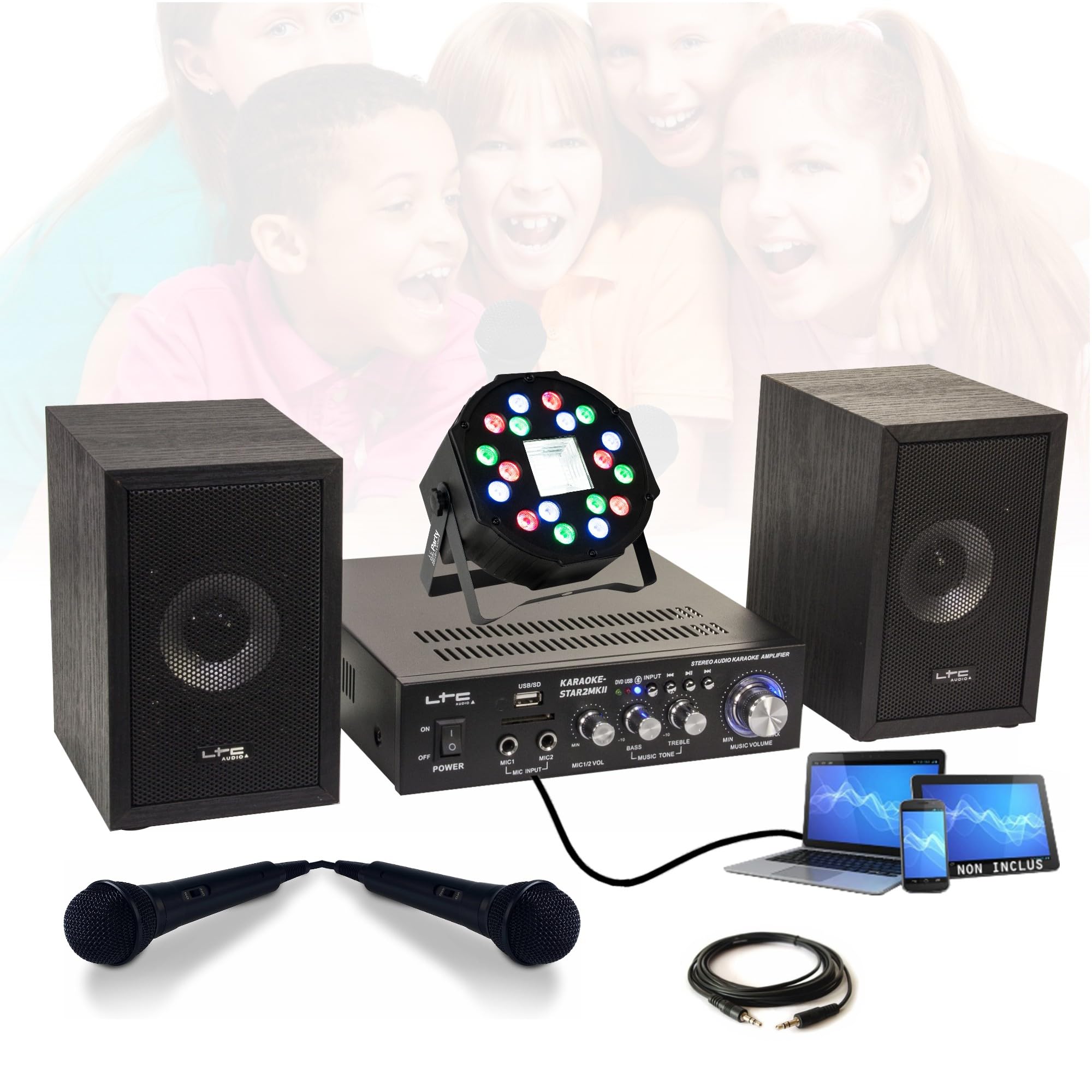 Générique Karaoké Pack LTC KARAOKE-STAR2MKII Enfant - Bluetooth USB SD 100W 2 Enceintes 2 Micros 1 Ampli - Projecteur 2-en-1 par Stroboscope Cadeau