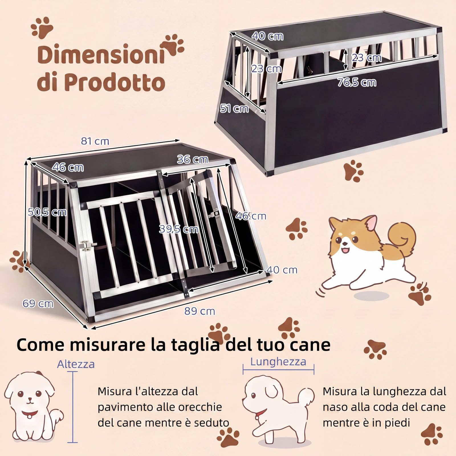 GYMAX Trasportino per Cani Auto, Gabbia per Cani in Lega di Alluminio Con 2 Divisori Rimovibili e Doppie Porte con Serratura, Angolo Apertura di 100°, per Viaggio Veterinario 89 x 69 x 50,5 cm