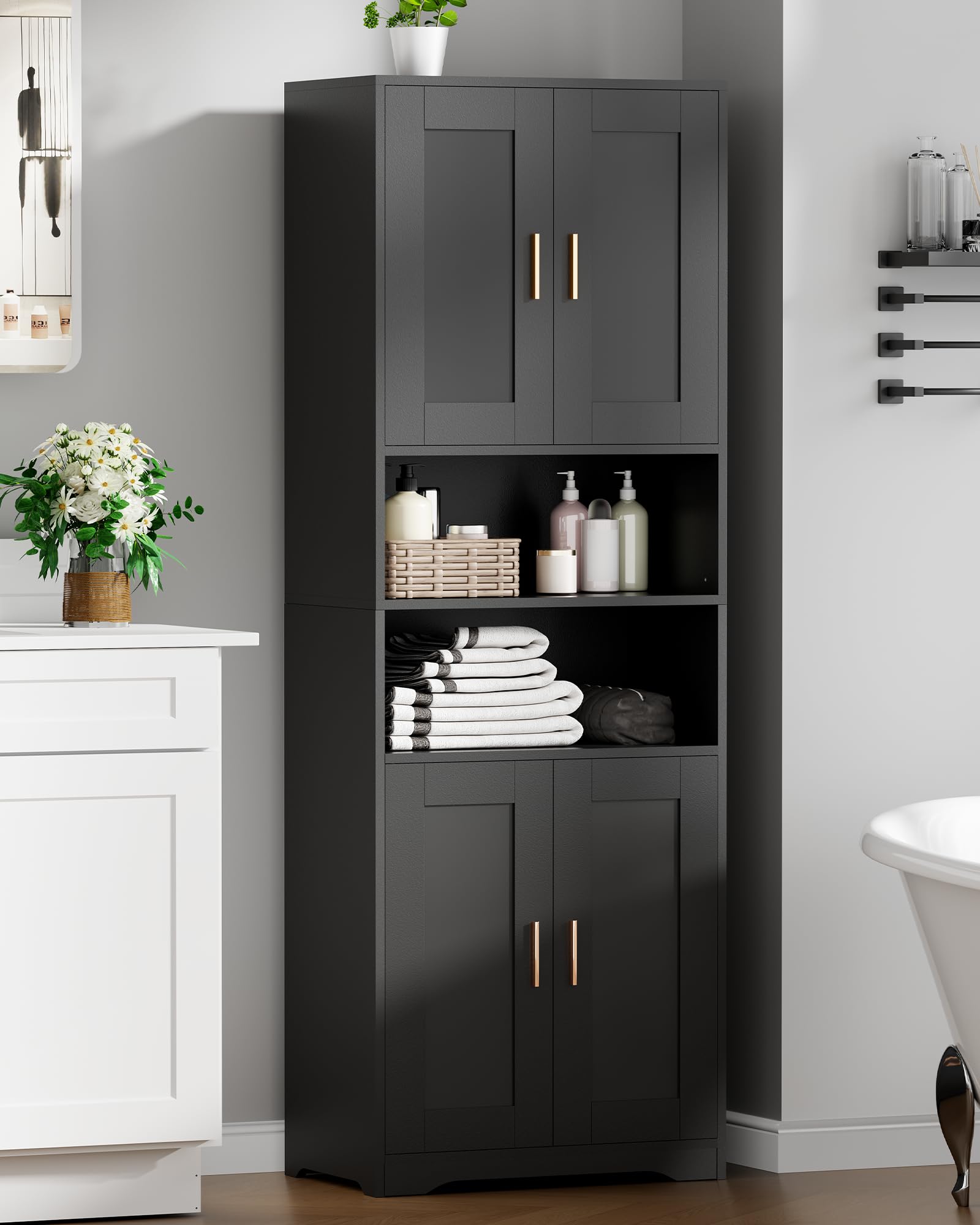 BEWISHOME Mobile Alto da Bagno,rredo Bagno, Mobiletto Bagno Salvaspazio, | Mobiletto Portaoggetti con Spazio Aperto, per Sala da Pranzo, Salotto, Soggiorno, Cucina 30x60x170cm Nero EYYG09B