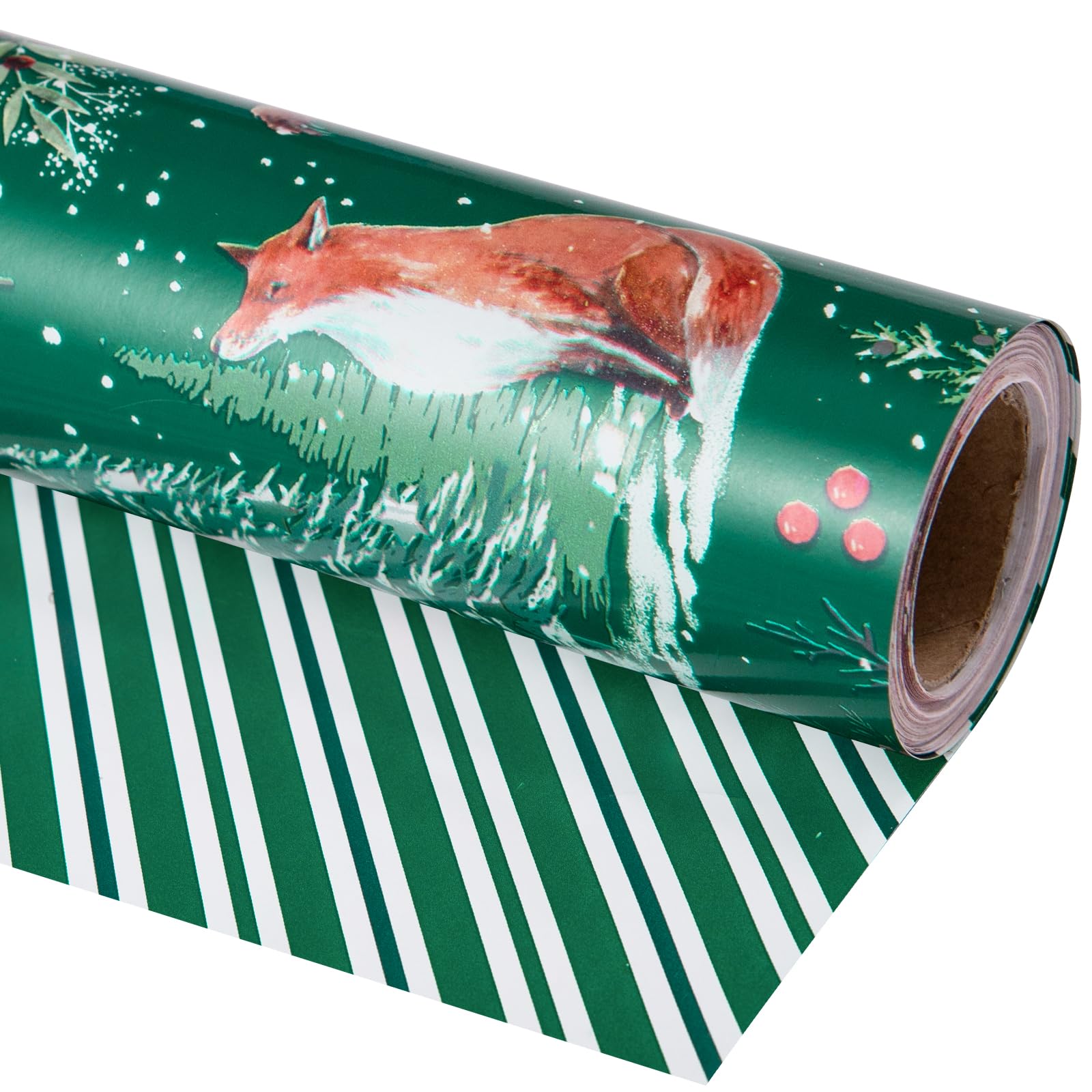 LeZakaa Reversible Christmas Wrapping Paper Roll - Fox, Squirrels & Christmas Tree Pattern, Green Stripe for Holiday, Party - 17 in x 32.8 ft (46.45 sq.ft.) â image 1