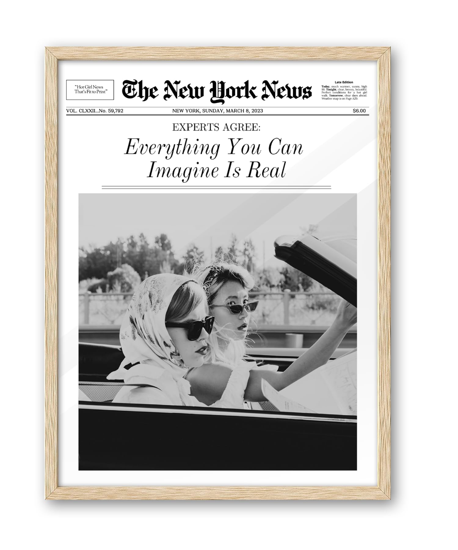 iHery Everything You Can Imagine Is Real Framed Trendy NewsPaper Wall Art, Natural OAK Wood 12x16in Canvas Wall Art Decor For Bedroom, Vintage Hot Girls Prints Living Room Home Décor 1Pack