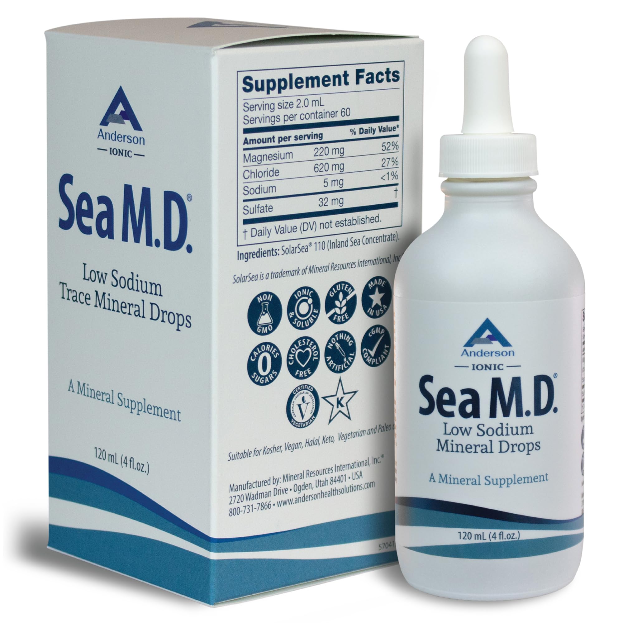 Anderson Sea M.D. Concentrated Trace Mineral Drops, Ionic Electrolyte Magnesium Supplement, Liquid Magnesium, Easy to Take, 4 fl oz, 60 Servings in Glass Bottle
