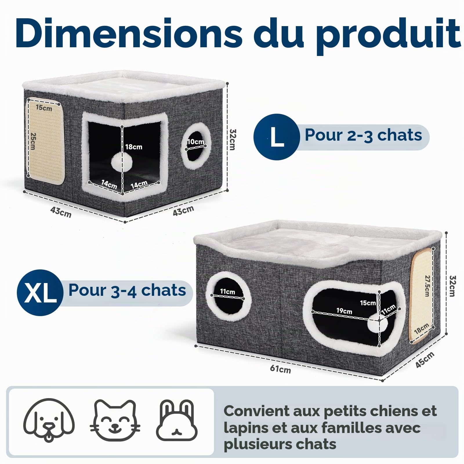 Shikha Niche Pliable pour Chat, Maison d'intérieur pour Grands Chats, 61 x 45 x 32 cm, 2 Couches de Cube pour Chat, XXL avec griffoir et Balle de Jeu,Niche pour Grands Animaux de Compagnie, Gris