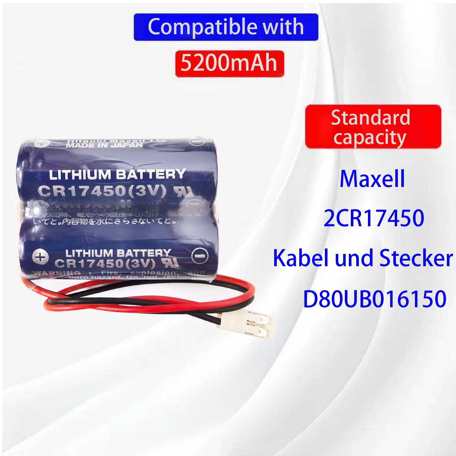 Batería de repuesto CR17450 (3 V) 2CR17450 compatible con la batería de litio Maxell 2CR17450 con cable y enchufe, D80UB016150 con batería de repuesto de 3 V