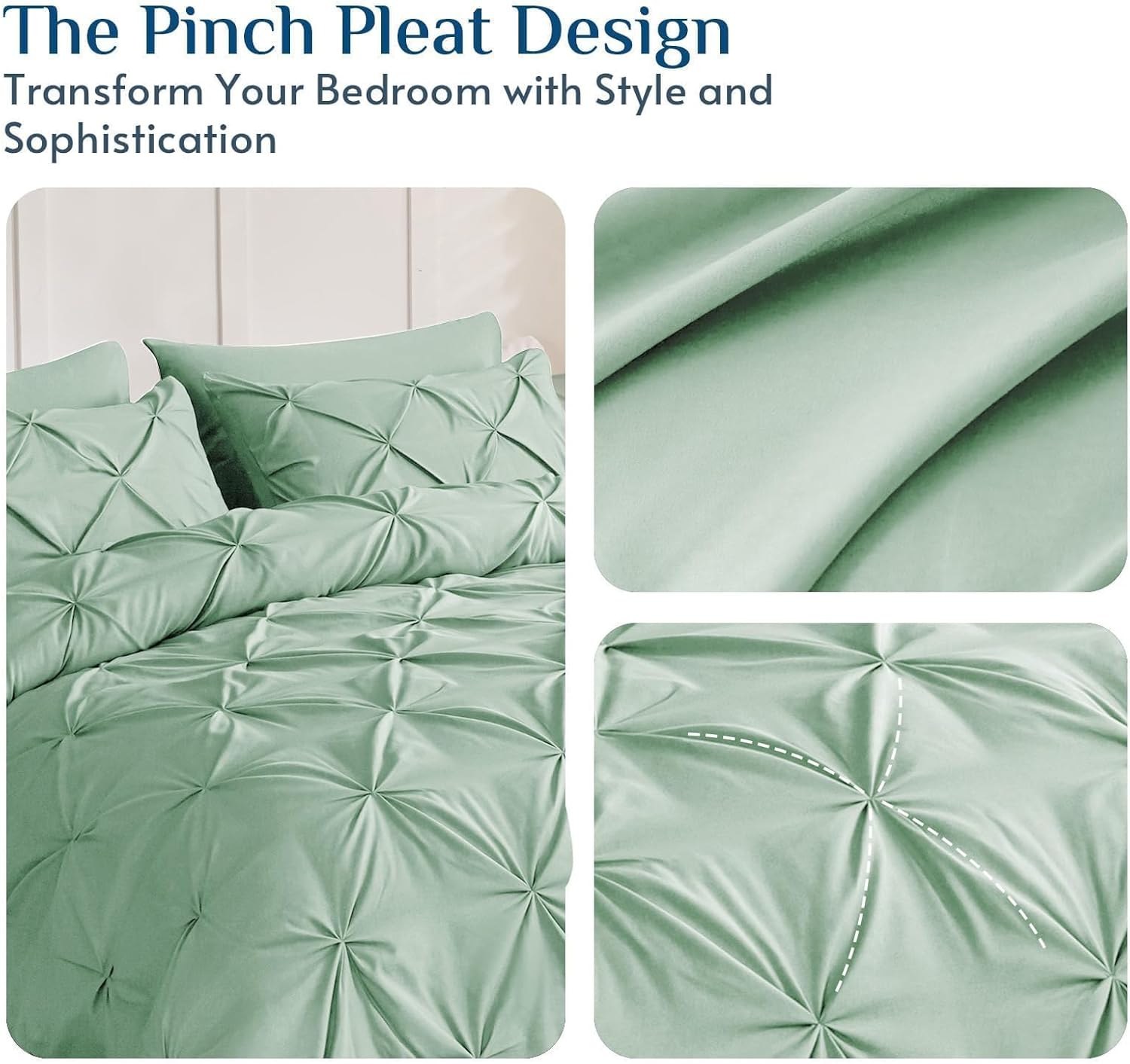 JOLLYVOGUE Queen Comforter Set 7 Pieces - Bed in a Bag Queen for All Season, Pintuck Bedding Comforter Sets with Comforter, Flat Sheet, Fitted Sheet and Pillowcases & Shams, Sage Green - Image 3