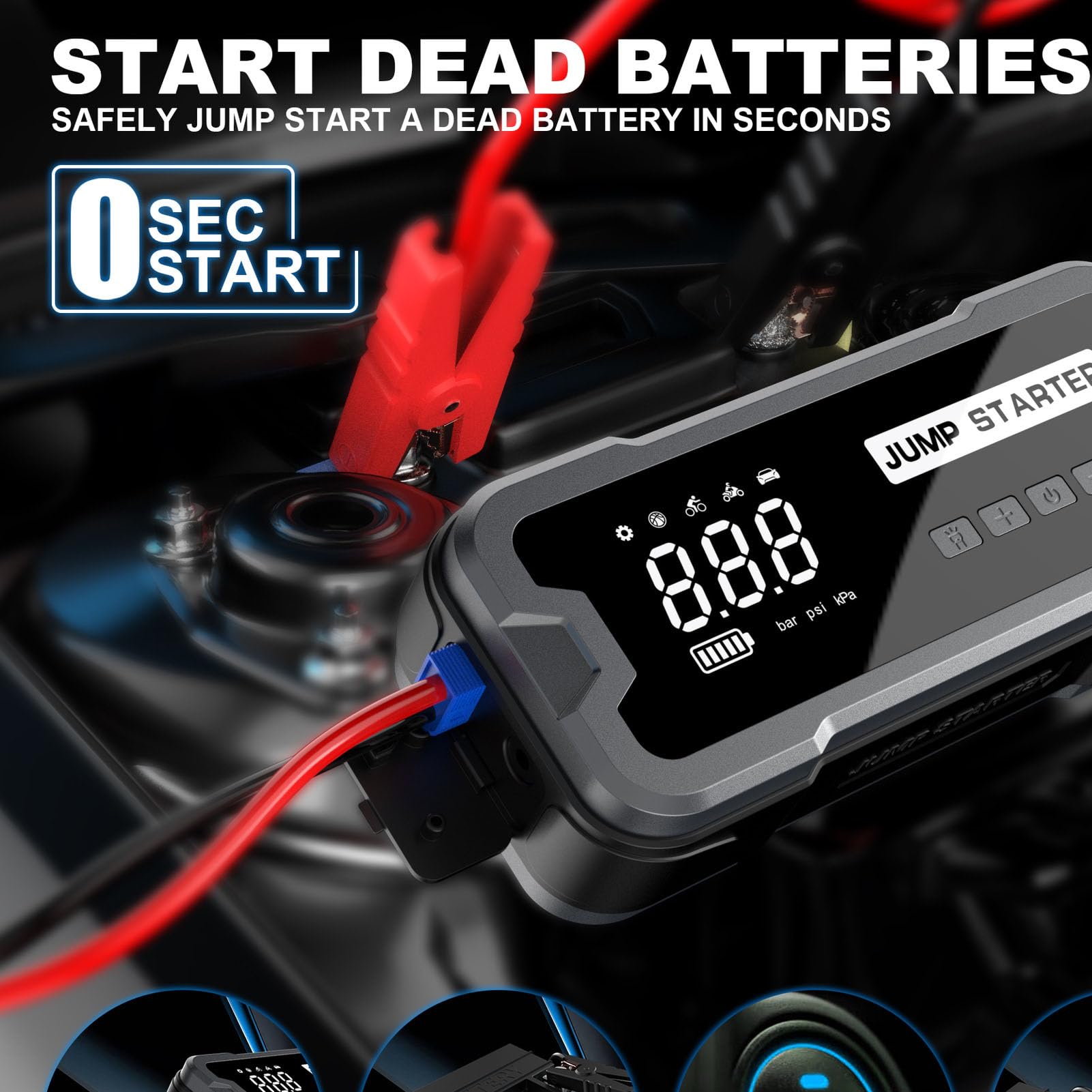 Démarreur de Secours de Voiture 12 V, 10 000 MAh, 4 000 A, Puissance de Pointe, Boîte de Saut de Batterie de Voiture, Gonfleur de Pneu Portable pour éclairage de Secours et Gonfleur de