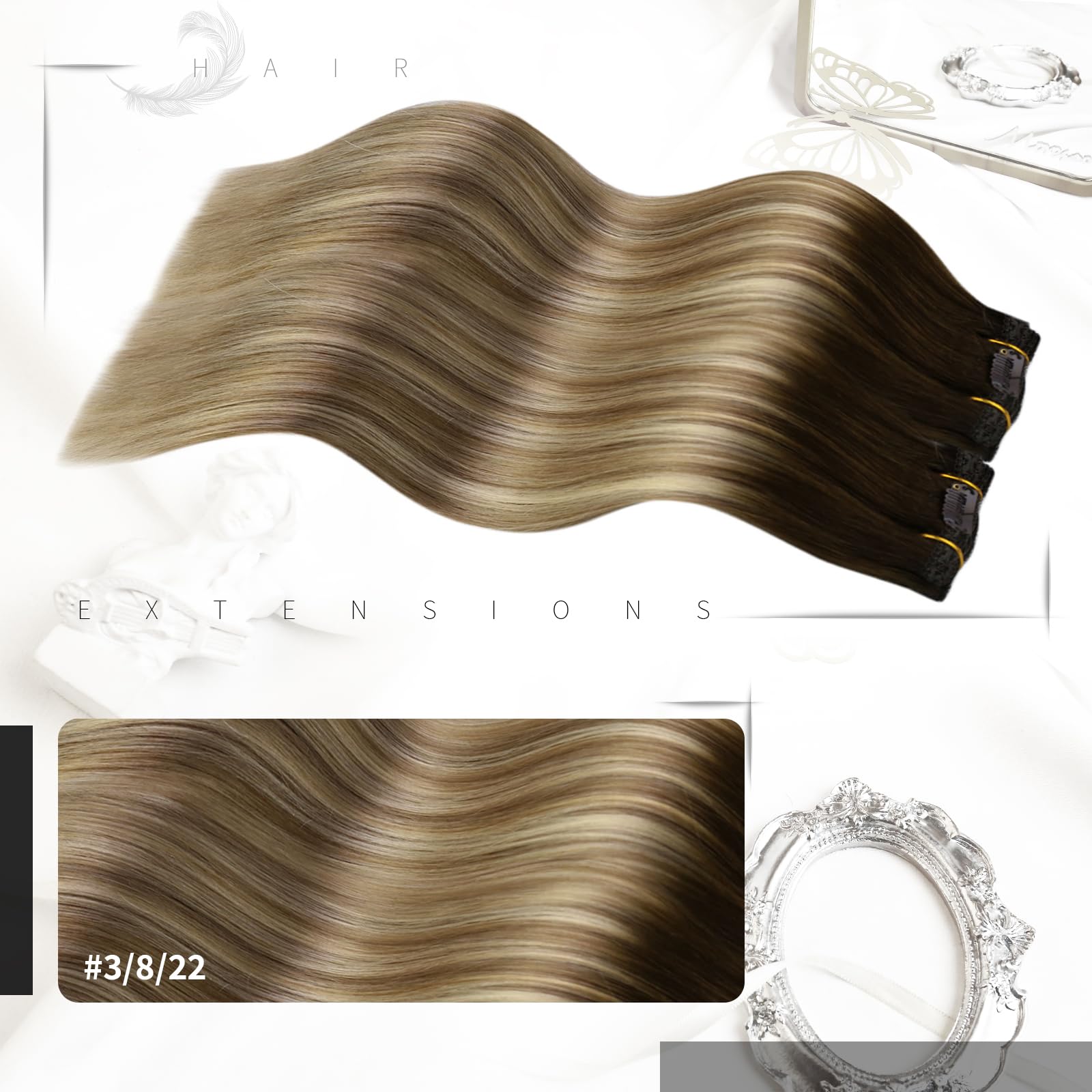 Moresoo Clip in Hair Extensions Real Human Hair Shoulder-length 14 Inch Short Double Wefted Clip in Hair Extensions Remy Straight Ombre Brown to Light Brown with Medium Blonde #3/8/22 5pcs 80G - Image 2
