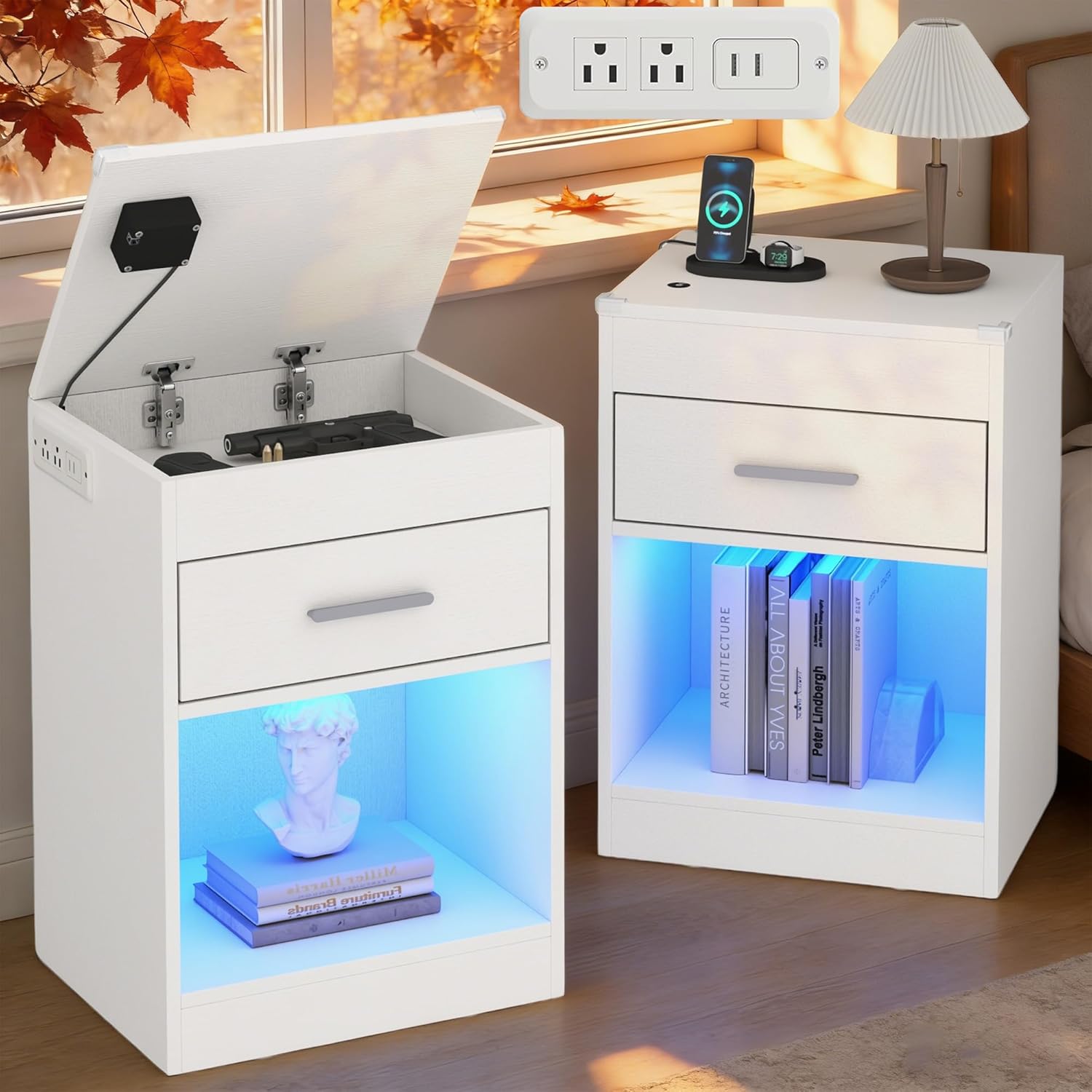 White Nightstand Set of 2 with Charging Station, LED Night Stand with Drawer Storage & RFID Lock Cabinet, Smart Nightstand for Hidden Compartment, Wooden Modern Bedside Table for Bedroom