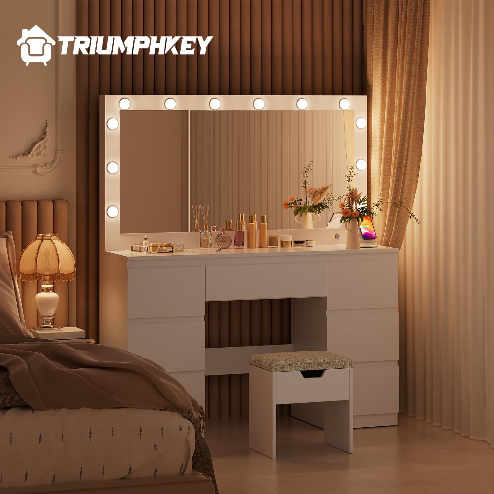 TRIUMPHKEY Tocador de Maquillaje con Luz Espejo Grande y Enchufes, 12 Luces LED Ajustables, Mesa de Maquillaje con 7 Cajones y Organizador de Joyas, 120x40x140 CM Moderno Blanco