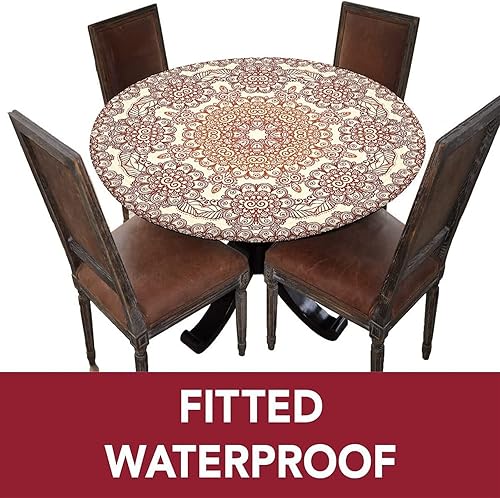 Miniatura 3 de Mantel redondo abstracto ajustado con borde elástico, patrón redondo vintage estilo Mehndi con estampado de flores de primavera, mantel de
