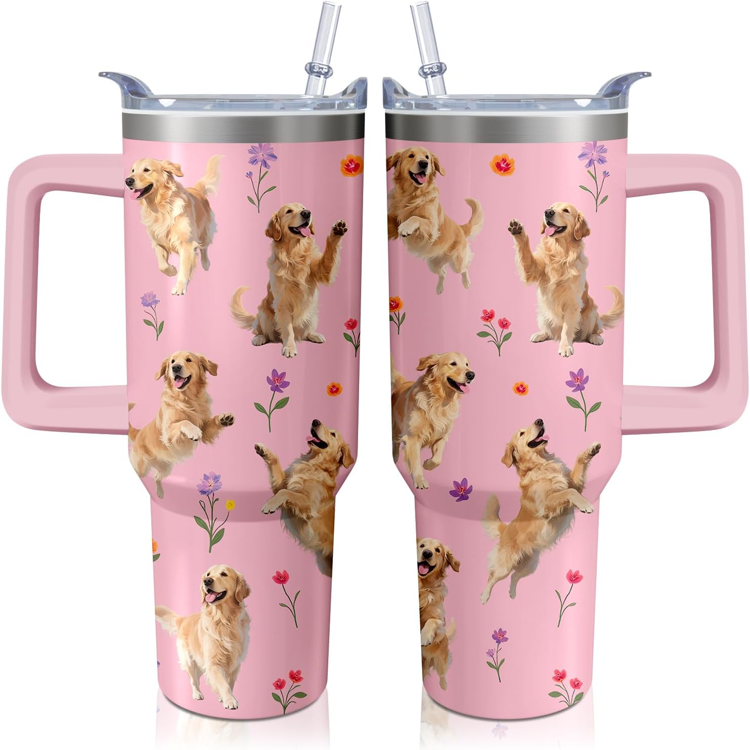 40oz Golden Retriever Dog Tumbler with Handle and Straw,Cute Stainless Steel Insulated Cup with Lid and Straw, Travel Coffee Mug Water Bottle, Birthday Mothers Day Gifts for Women Men Animal Lovers