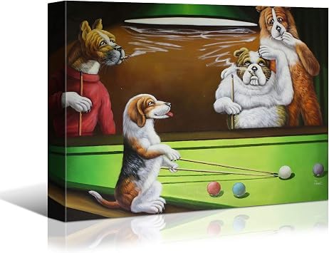 Denozer Dogs Playing Pool Canvas Wall Art Prints 16 x 12 inch Chess and Cards Room Anthropomorphic Dog Game Painting Funny Home Decor Picture for Living Room Bedroom