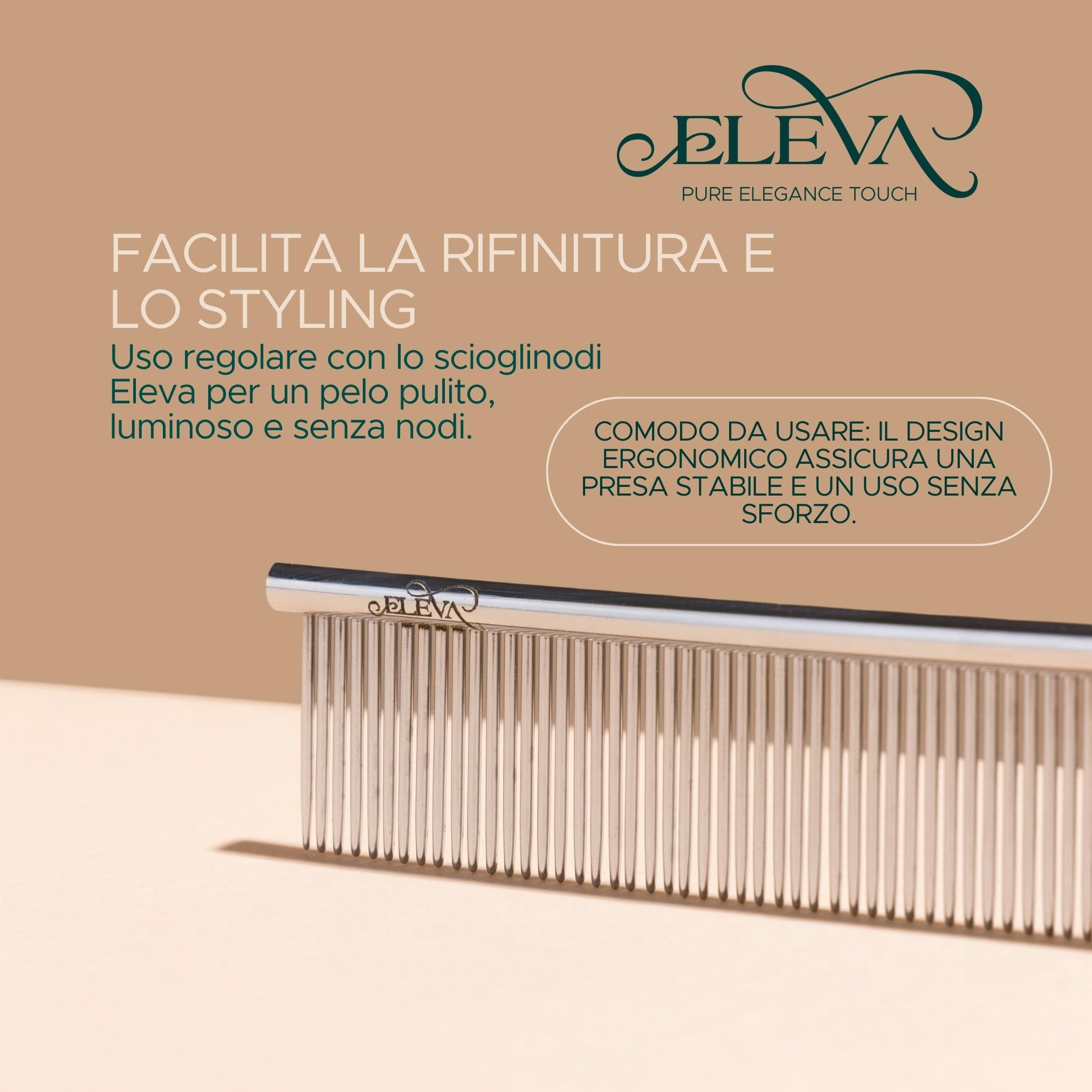 ELEVA PET - Pettine a Coda per Cani - Strumento Professionale Districante - Ideale per Mantelli Lunghi e Medi - Design Ergonomico - Made in Italy