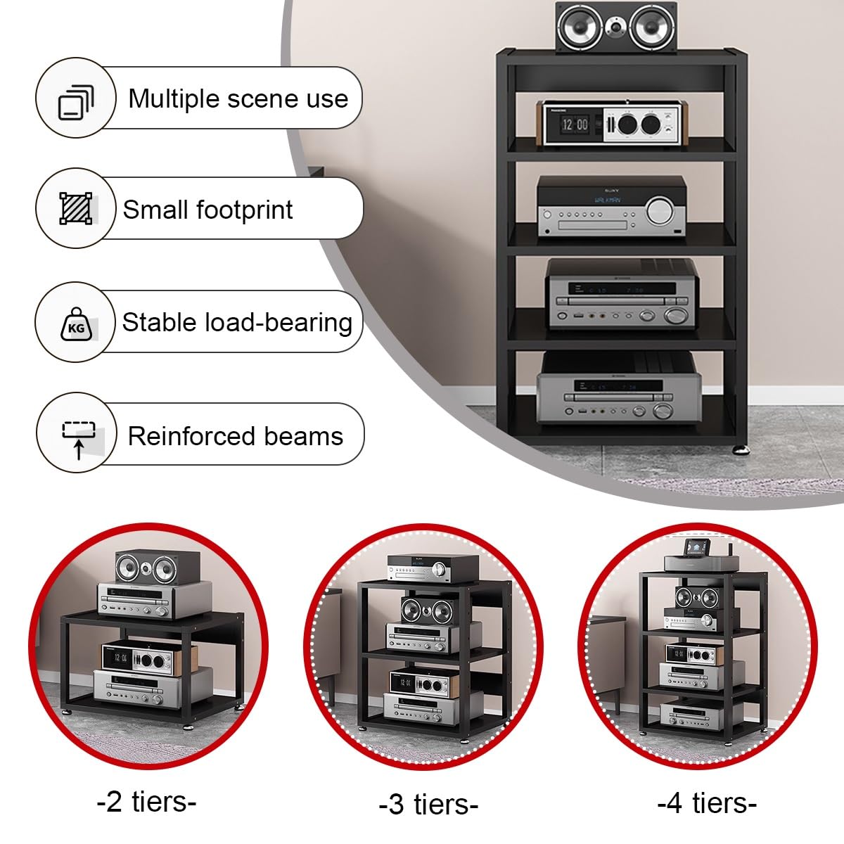 Soporte multimedia AV de 4 niveles con ruedas y estanterías, gabinete estéreo audiovisual para almacenamiento de componentes, torre de rack de audio y soporte, torre de almacenamiento de medios para