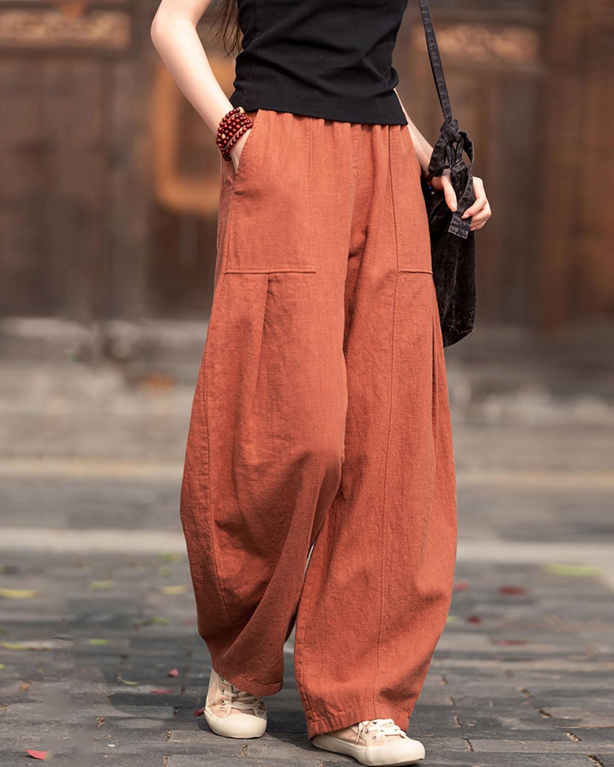 IXIMO Women's Linen Wide Leg Pants Casual Elastic Waist Loose Lantern Trousers Front Pockets - Image 4
