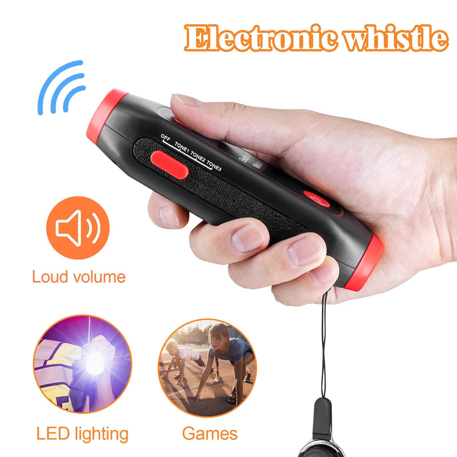 Silbato Electrónico de 4 Piezas, Sonidos Fuertes, Silbato de 120-150 DB con Luz SOS y Cordón, Eléctrico de Mano para árbitro, Profesor de Educación Física,