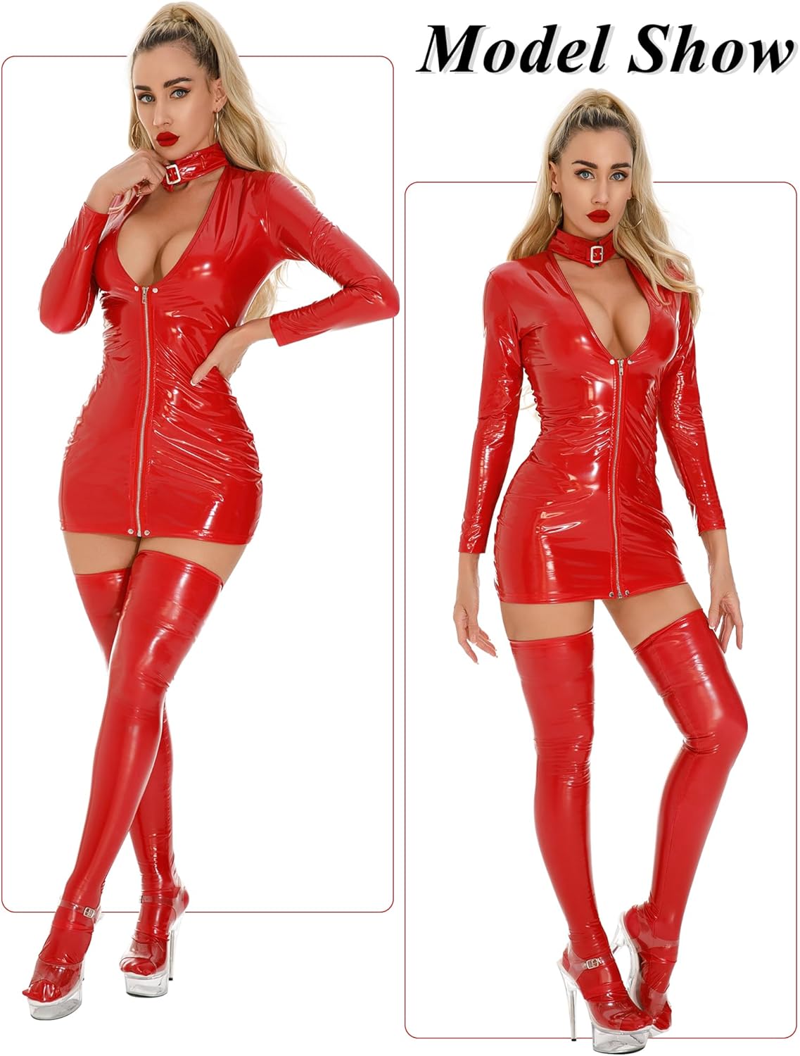 Maeau - Damesjurk van PU-leer, glanzend, bodycon-effect, nauwsluitend Maeau - Damesjurk van PU-leer, glanzend, bodycon-effect, nauwsluitend