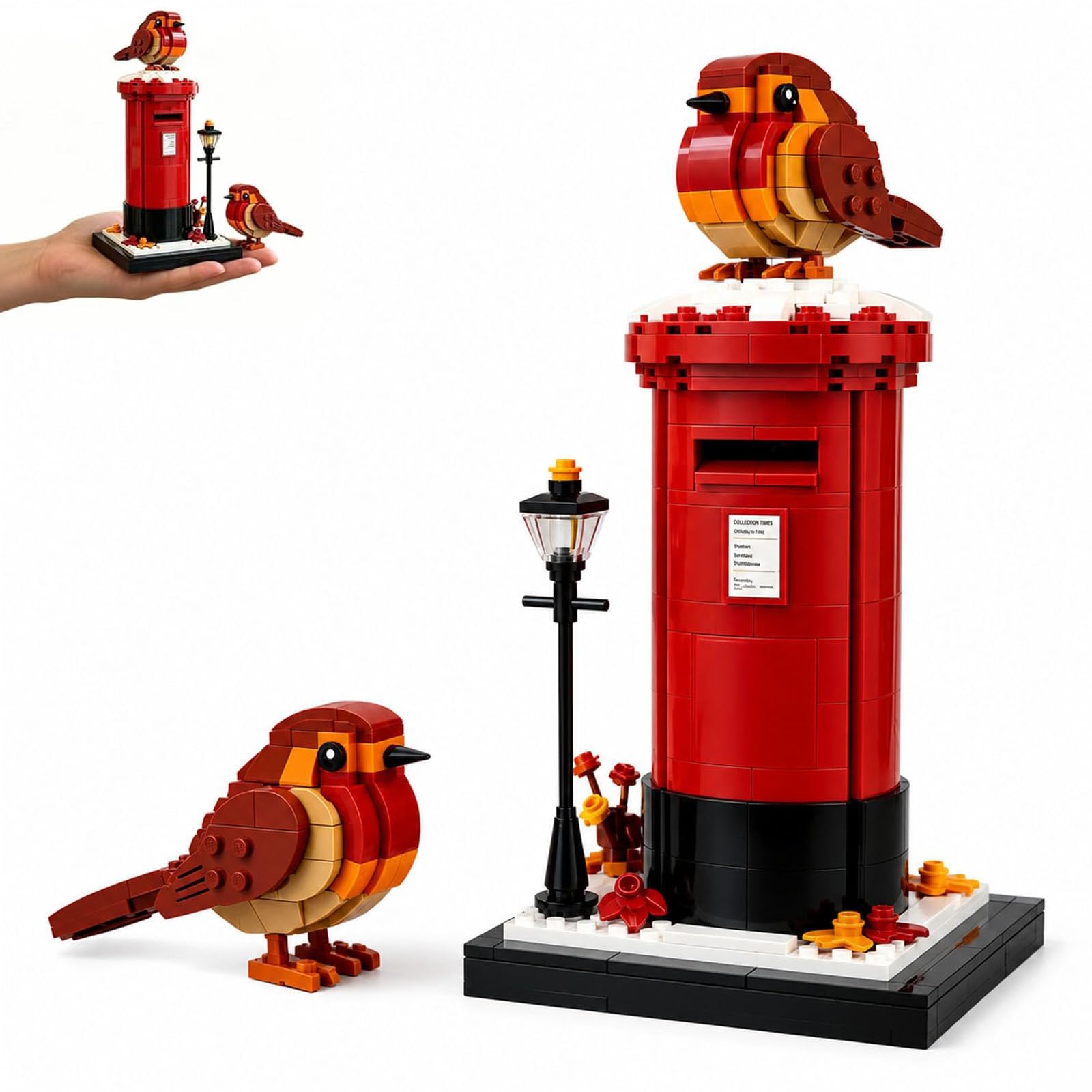 Vintage Postbox & Robin Brick Set, British Robin Red Postbox Building Blocks Set, 400+ Pieces Standard Bricks, Christmas Remembrance Memorial Gift for Bird Lovers and Collectors (1PC)